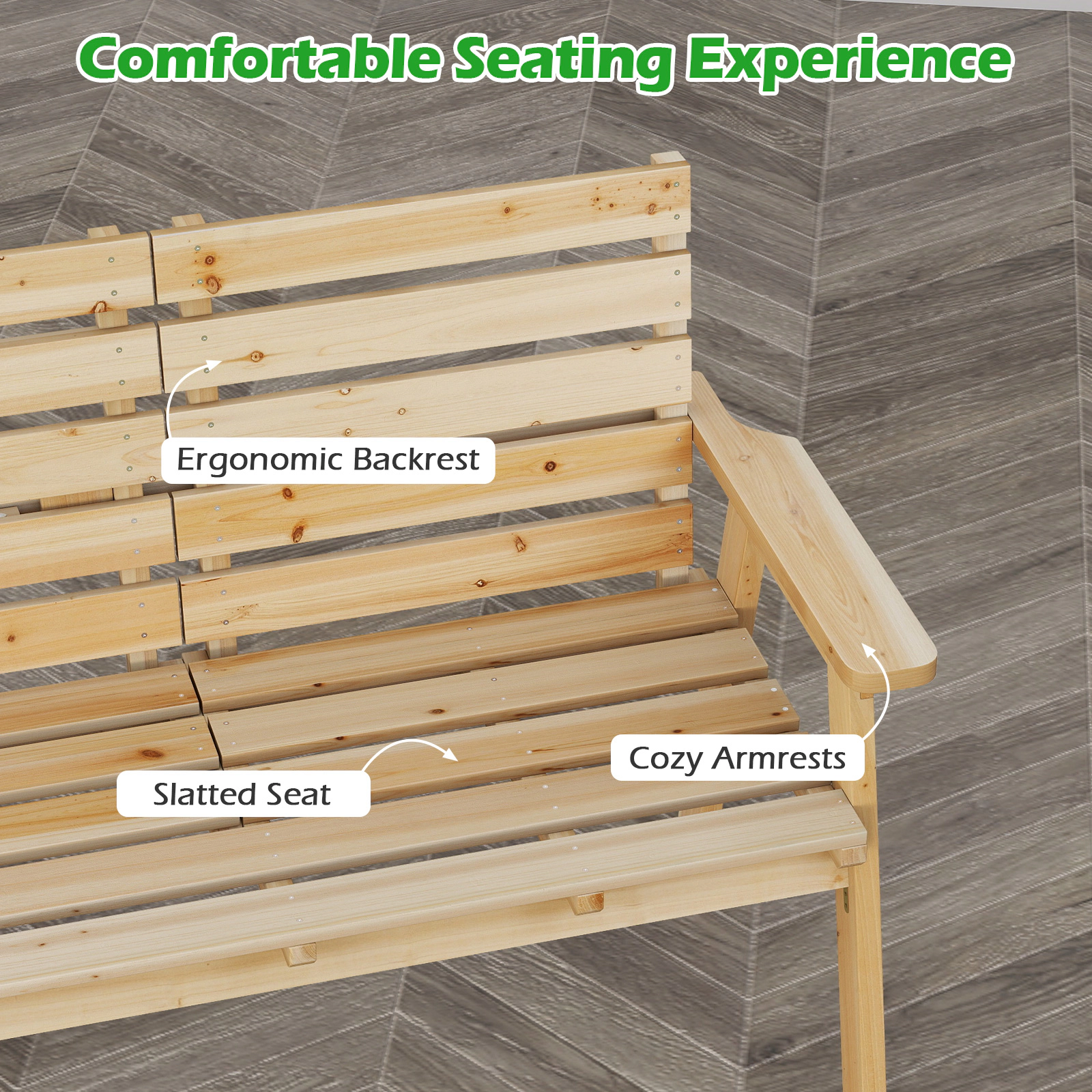 SUGIFT 63 in Outdoor Fir Wood Bench Natural with Foldable Middle Table and Safety Latch