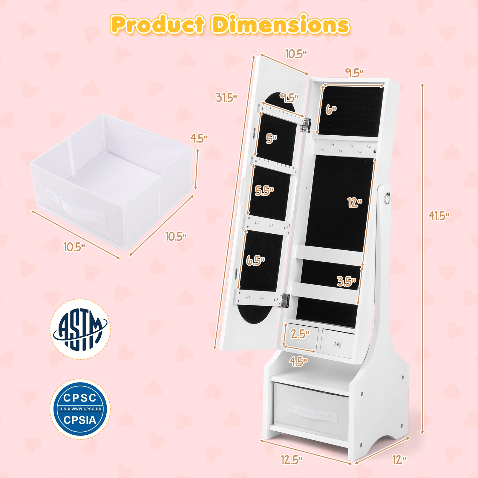 SUGIFT Kids Jewelry Armoire White Freestanding Cabinet with 2 Tilt Angles and Fabric Drawer