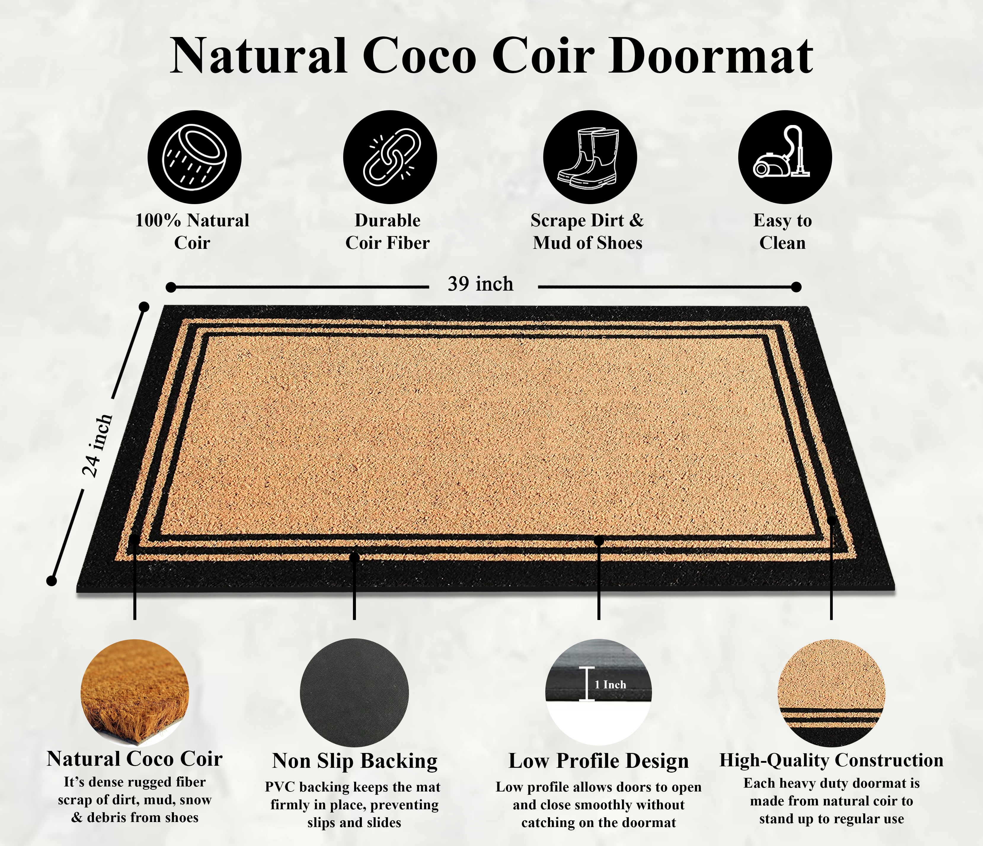 A1HC Coir Door Mat 39x24 Inches Anti-Shed Heavy Duty Non-Slip Black Border