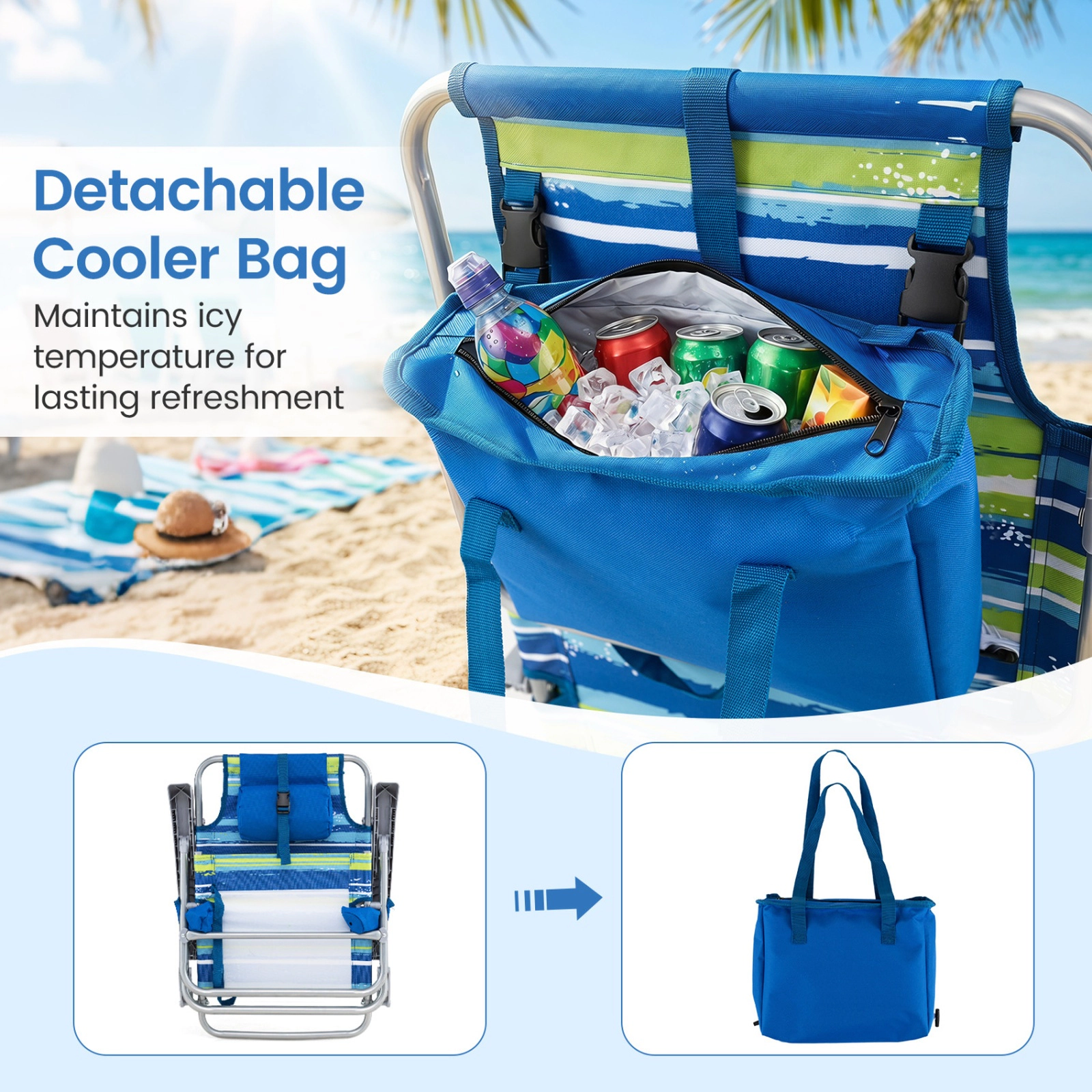 SUGIFT Blue 7-Position Backrest and Cooler Bag 2-Pack Portable Folding Beach Chair