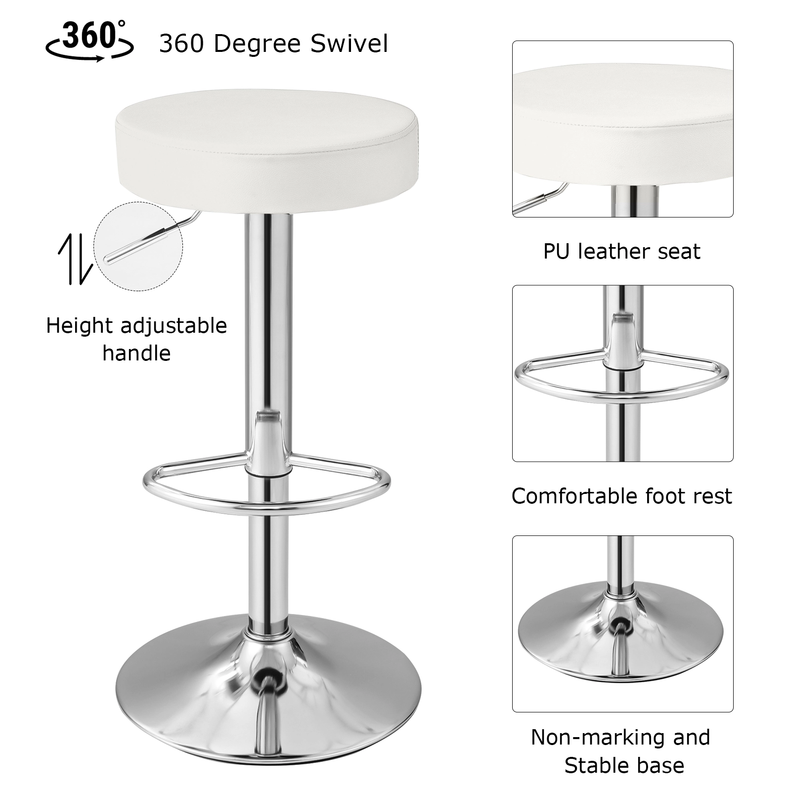 Glintex 2-Piece Round Adjustable Swivel Bar Stool Set with Chrome Footrest, White
