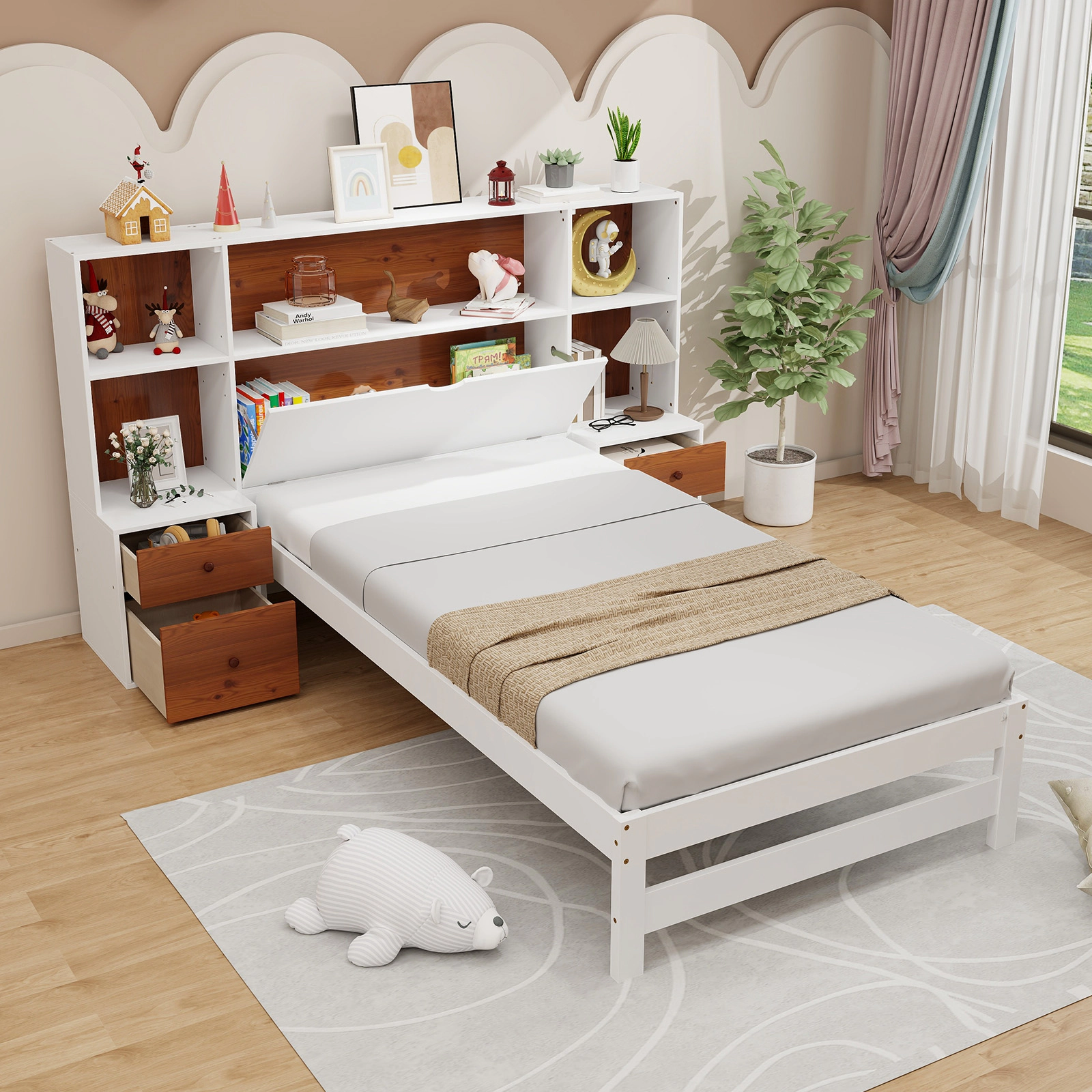 SUGIFT Twin Bed Frame with Storage Headboard and 2 Built-In Nightstands, White and Brown