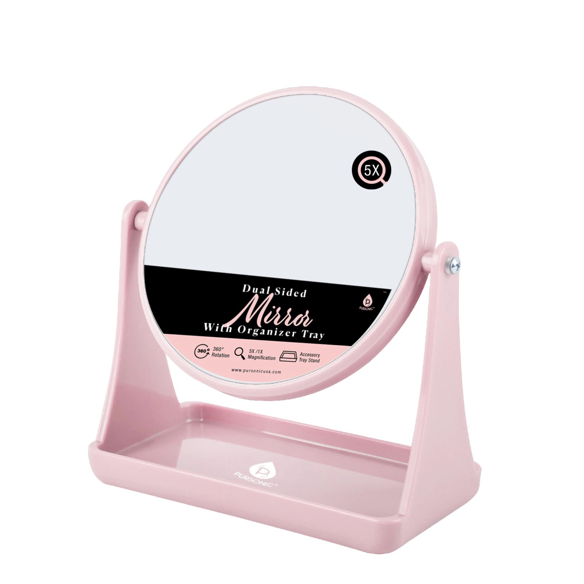 Pursonic Unisex Dual Magnification Vanity Mirror with Organizer Tray – 1x/5x Swivel Makeup & Grooming Mirror