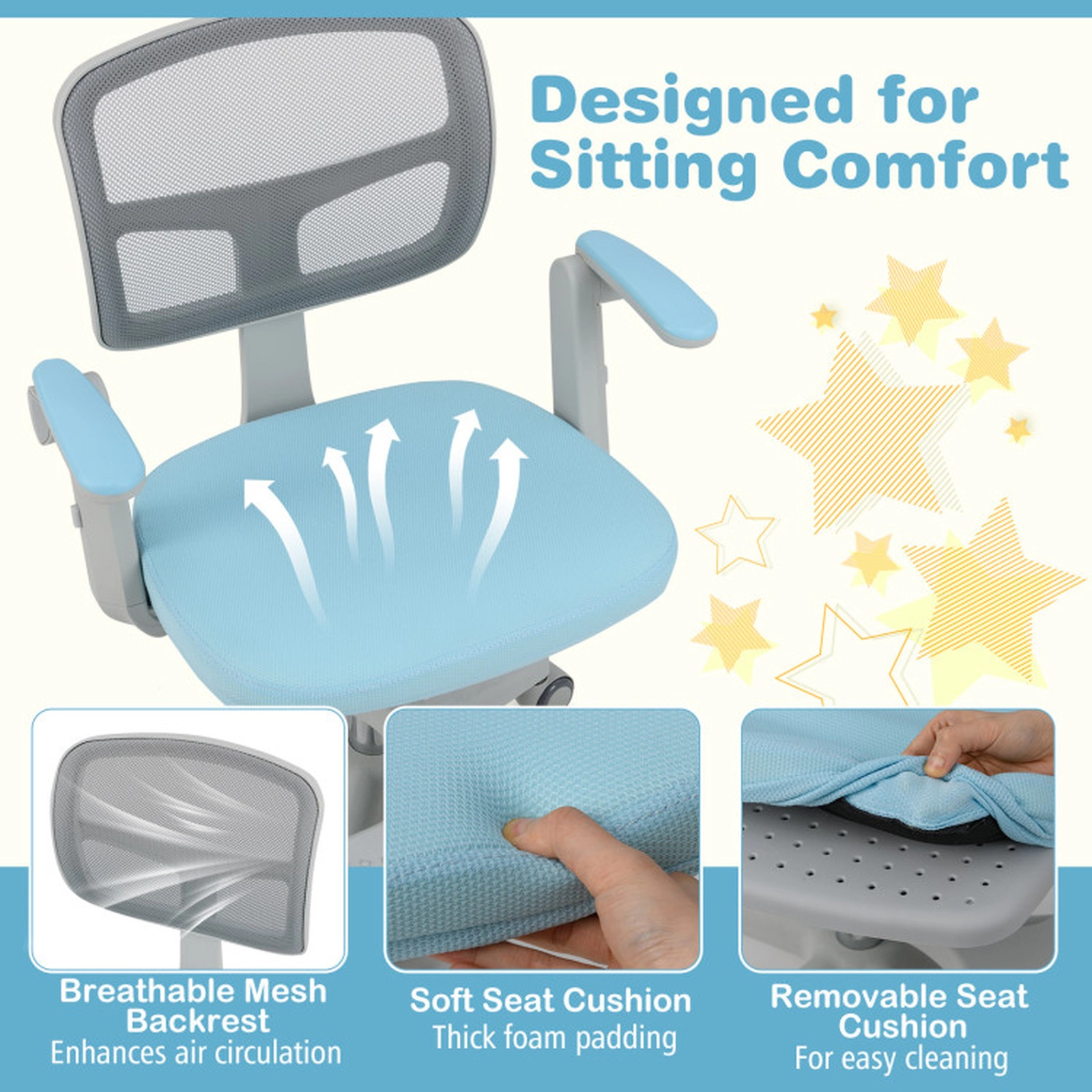 SUGIFT Adjustable Kids Study Chair with Swivel Seat Armrests Footrest and Mesh Back 330-lb Capacity Blue
