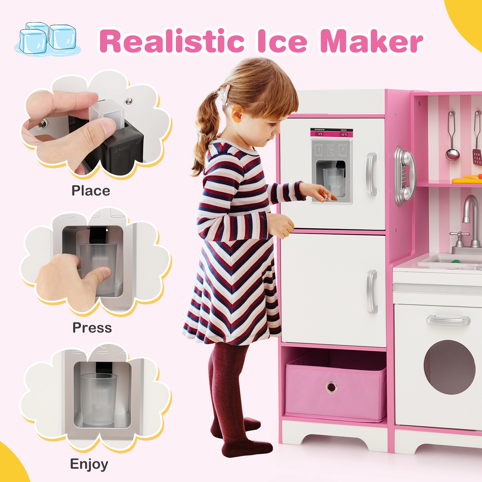 Kids Kitchen Playset Remote Controlled LED Lights Ice Maker Washing Machine Fabric Bins 35.5-in x 11.5-in x 35.5-in Pink