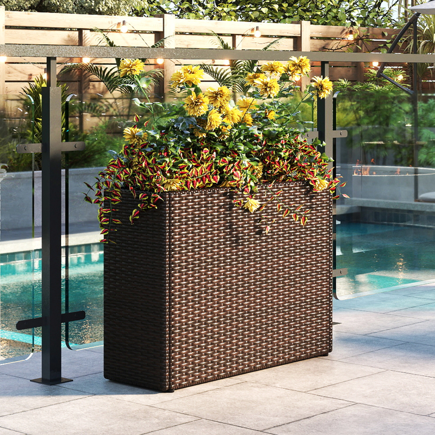 LJG 24 Inch Tall Raised Garden Bed All-Weather PE Rattan Wicker Flowerpot with Liner