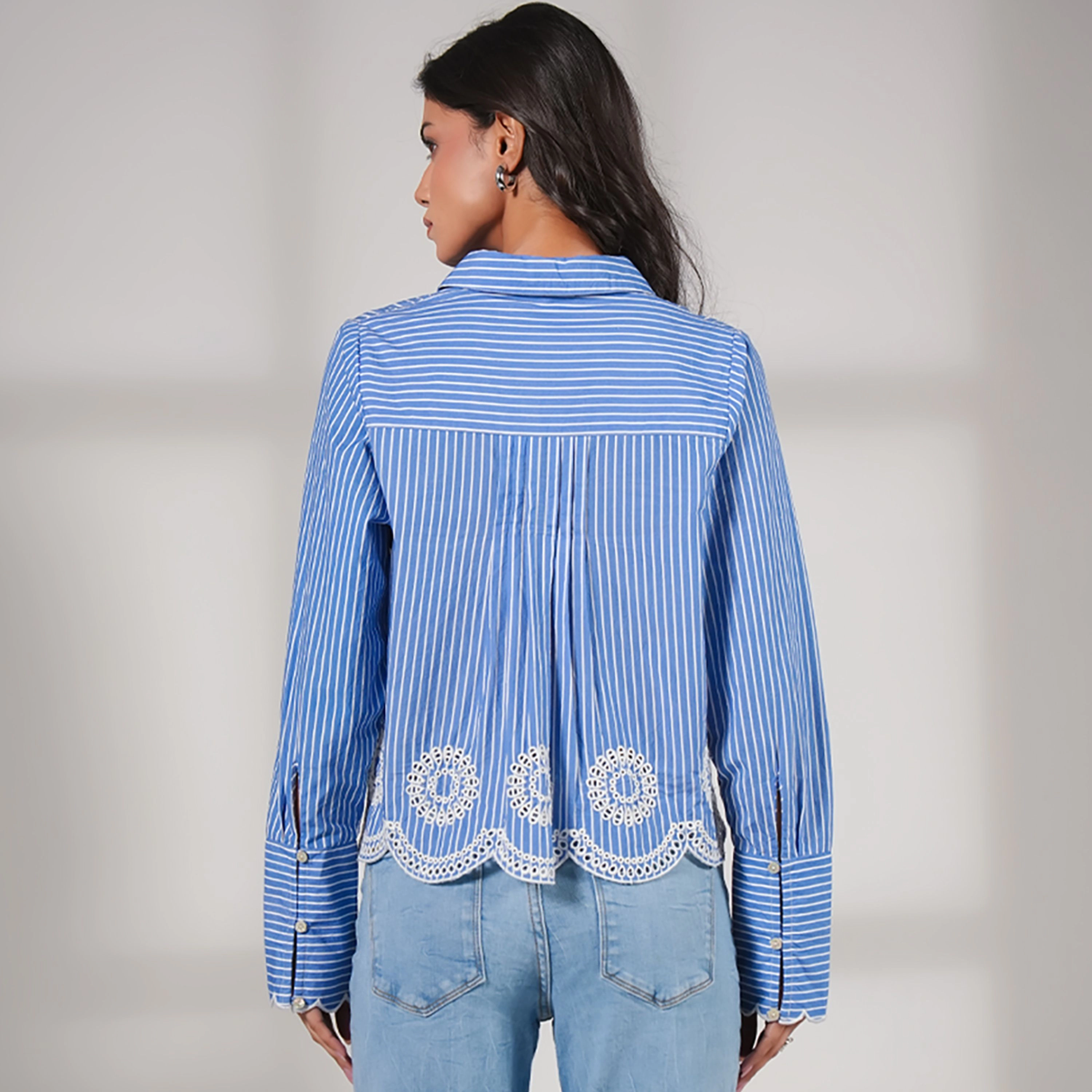 Rose & Nancy Women's Leonie Embroidery Hem Blue Stripe Shirt