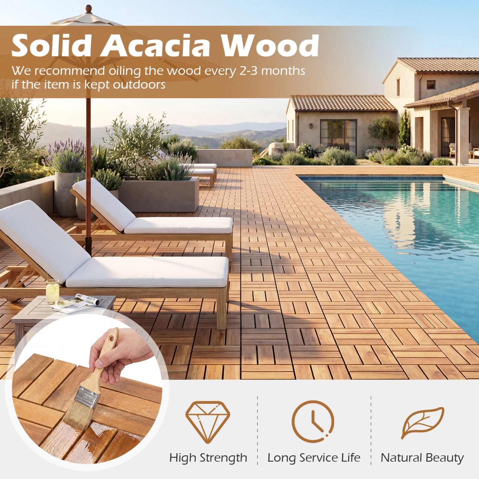 SUGIFT 12 x 12-in Interlocking Acacia Wood Deck Tiles Mat 500-lb Capacity 27-Piece Set Natural Color