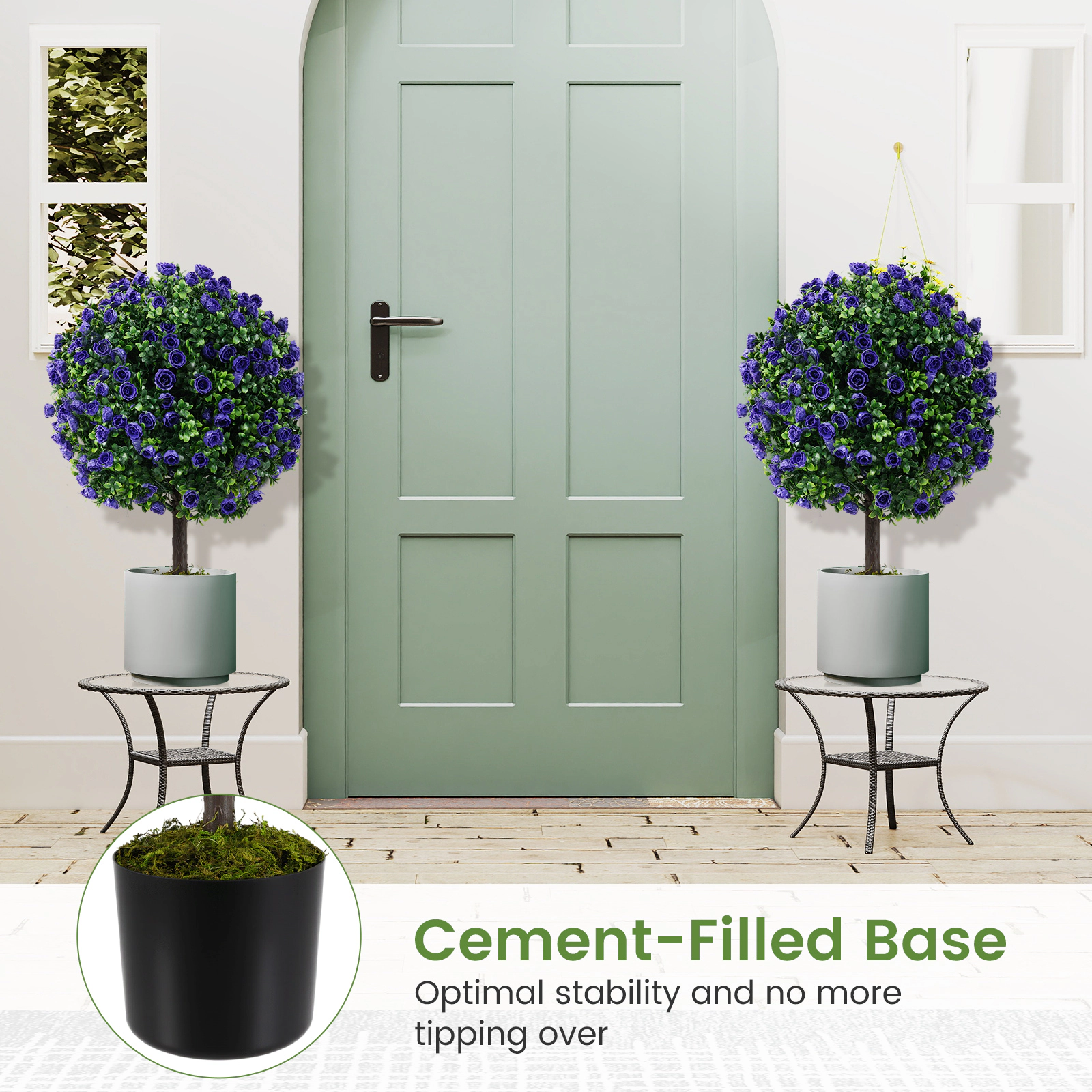 Slickblue 2 Pieces Artificial Rose Topiary Ball Trees with Purple Flowers for Indoor and Outdoor