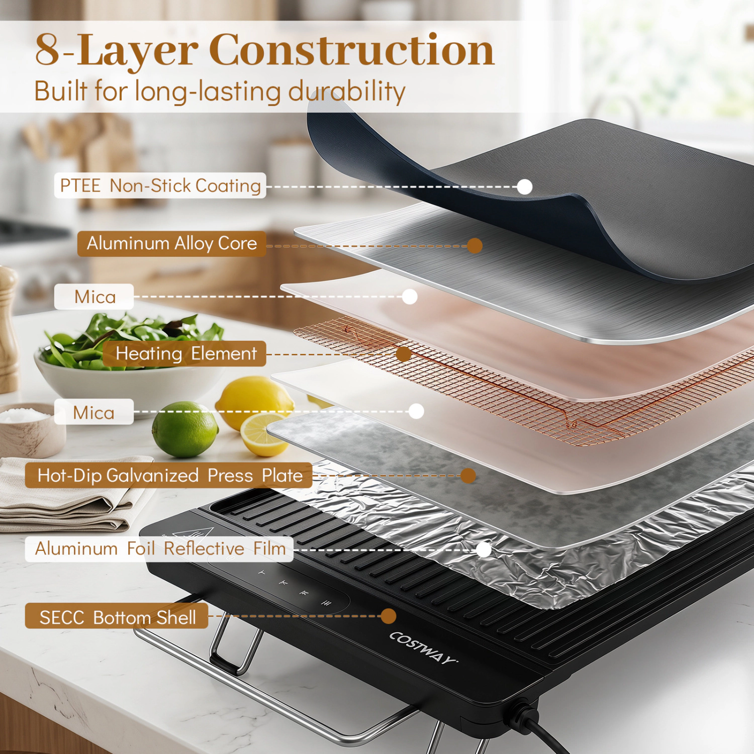 LJG 1300W Indoor Electric Grill with Removable Touch Panel