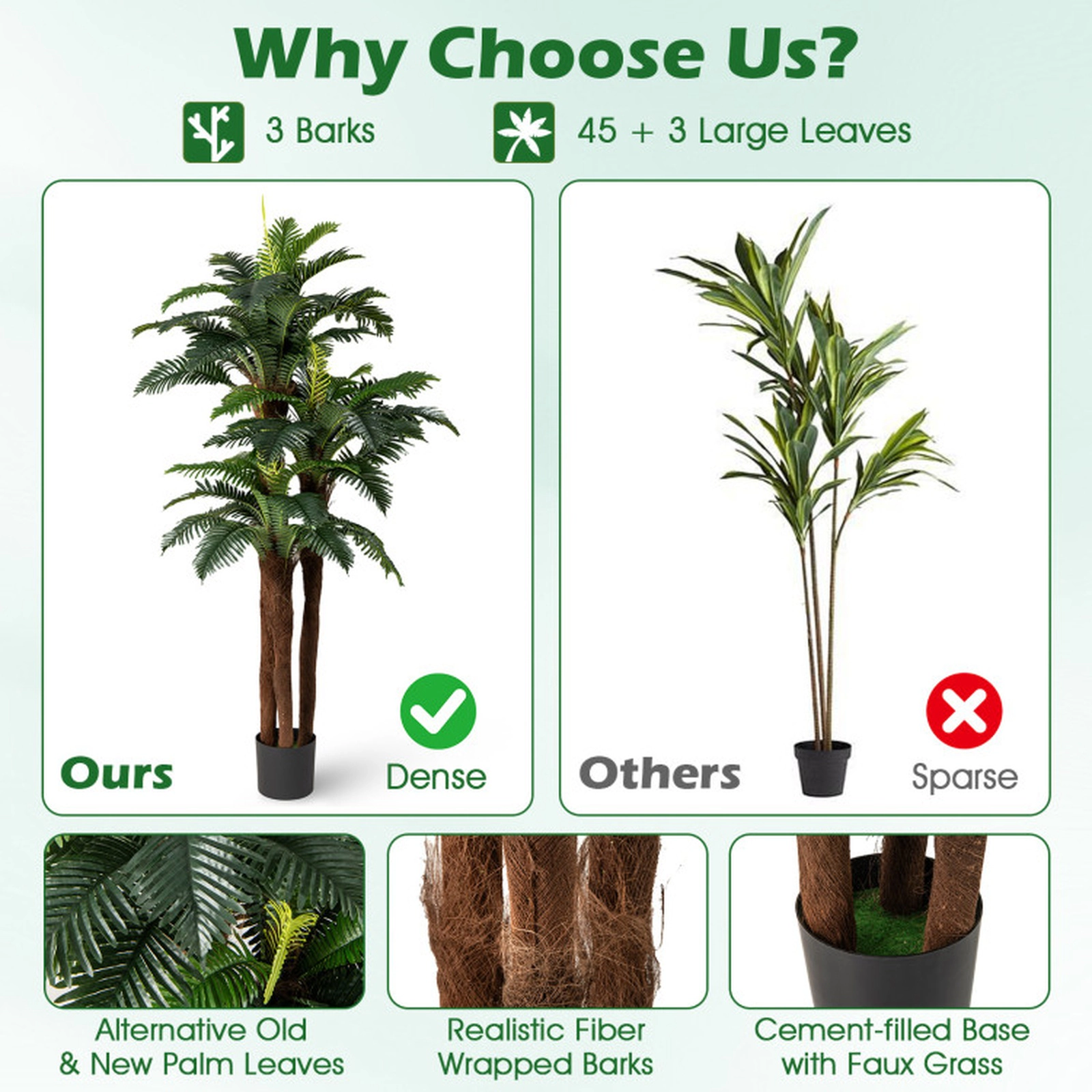 SUGIFT Set of 2 6.3-ft 45 Large Leaves Cement-Cast Pot Artificial Palm Trees 75-in Tall 7.5-in x 6.5-in Pot Green