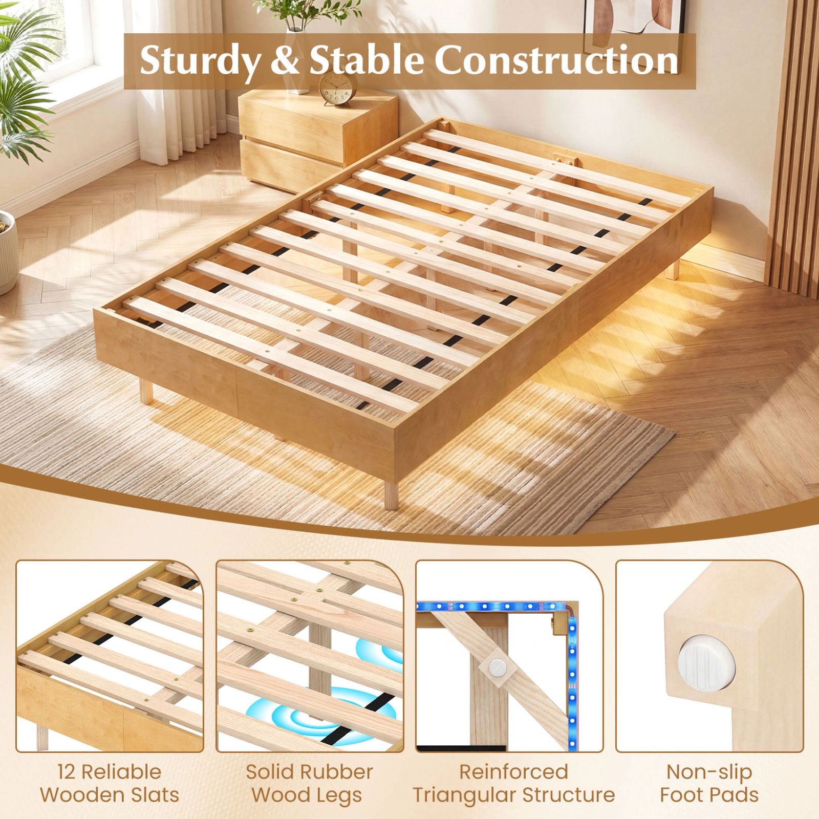 SUGIFT Floating Twin Bed Frame with RGB LED Lights 570-lb Capacity Natural