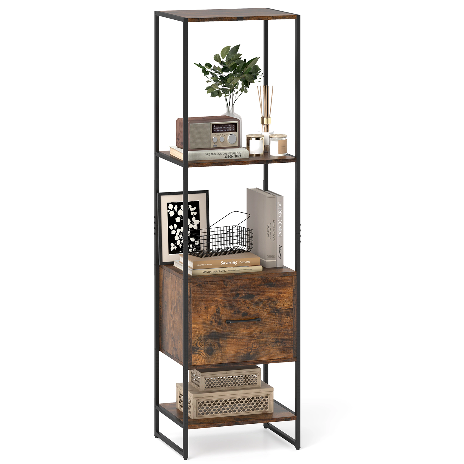 LJG 5-Tier Narrow Bookcase with 4 Open Shelves and Storage Drawer