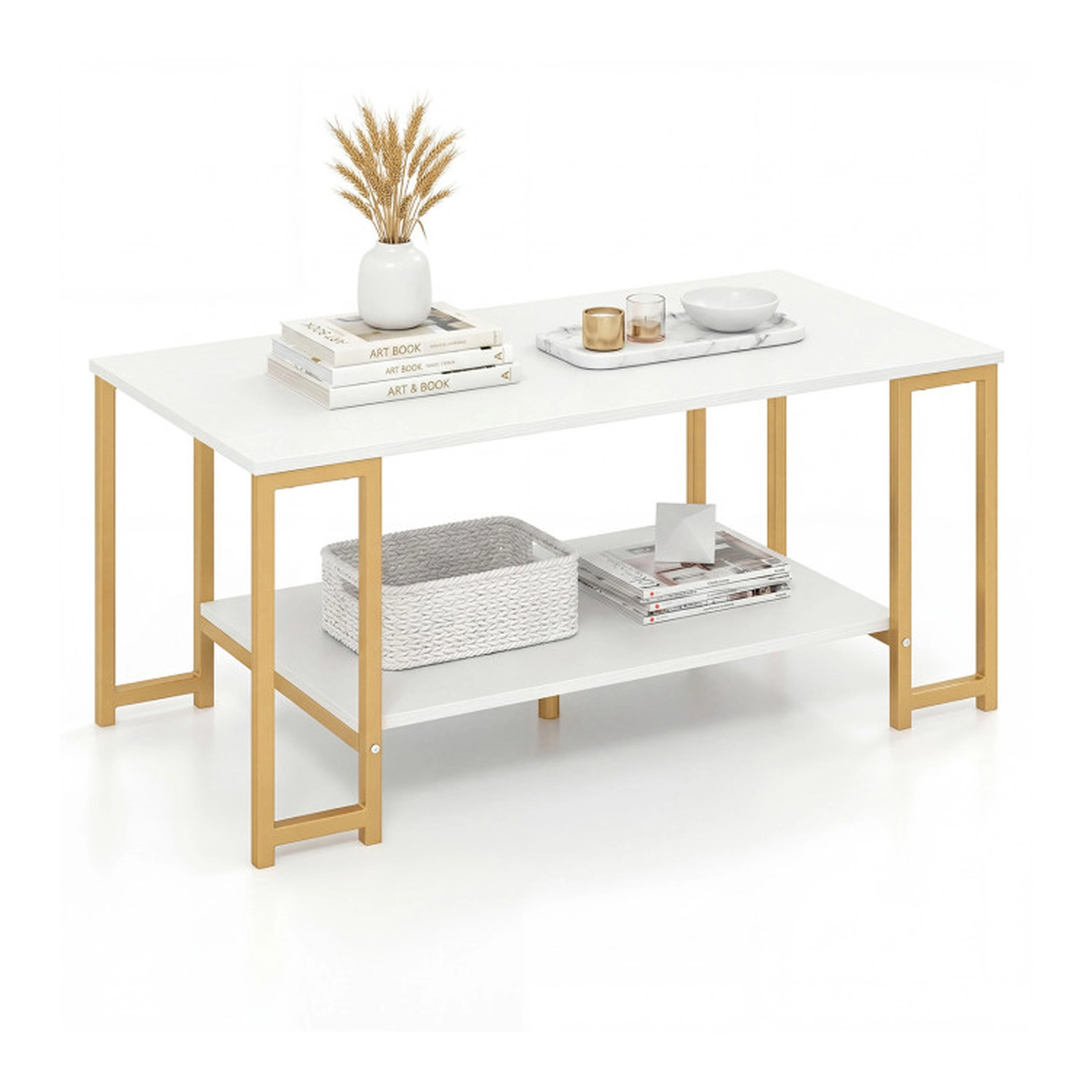 SUGIFT 2-Tier Open Shelf Gold Metal Frame Modern Coffee Table 39.5-in x 19.5-in x 18-in 176-lb Capacity White