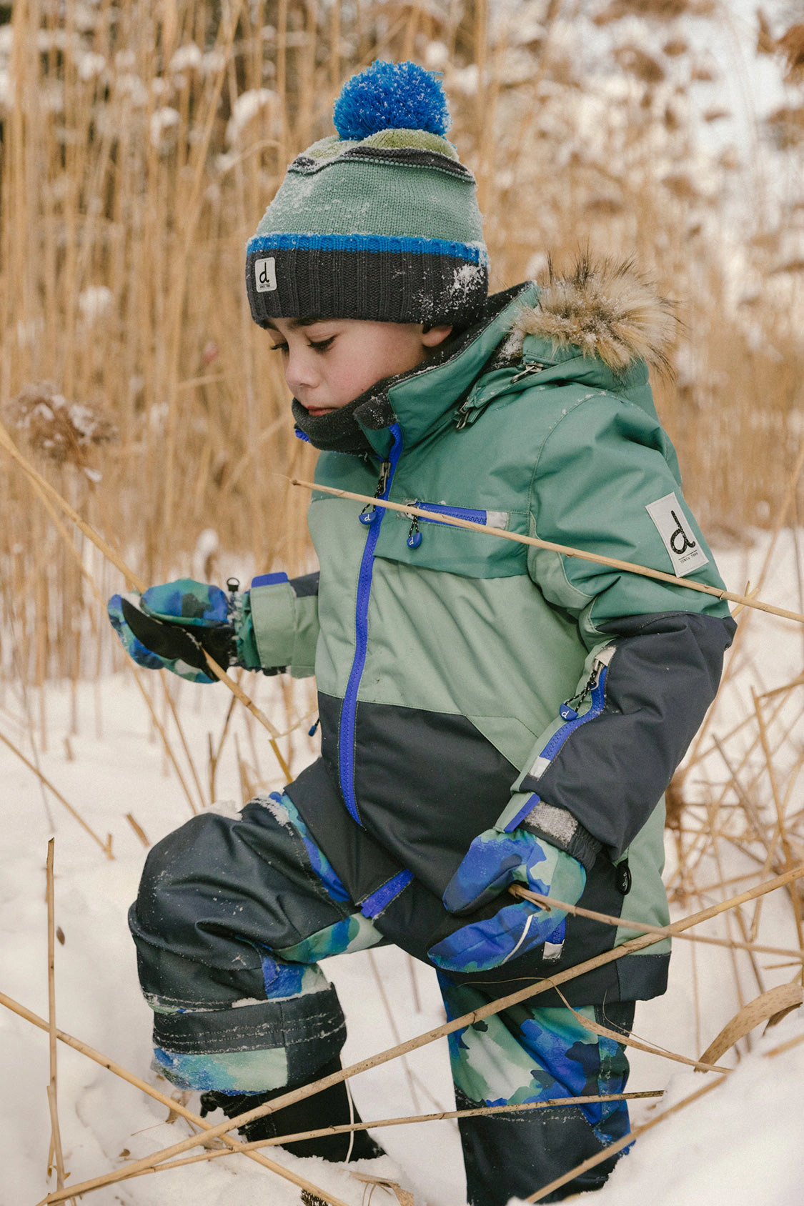Deux par Boys Colorblock Two Piece Play Snowsuit with Hooded Jacket and Camouflage Snow Pants
