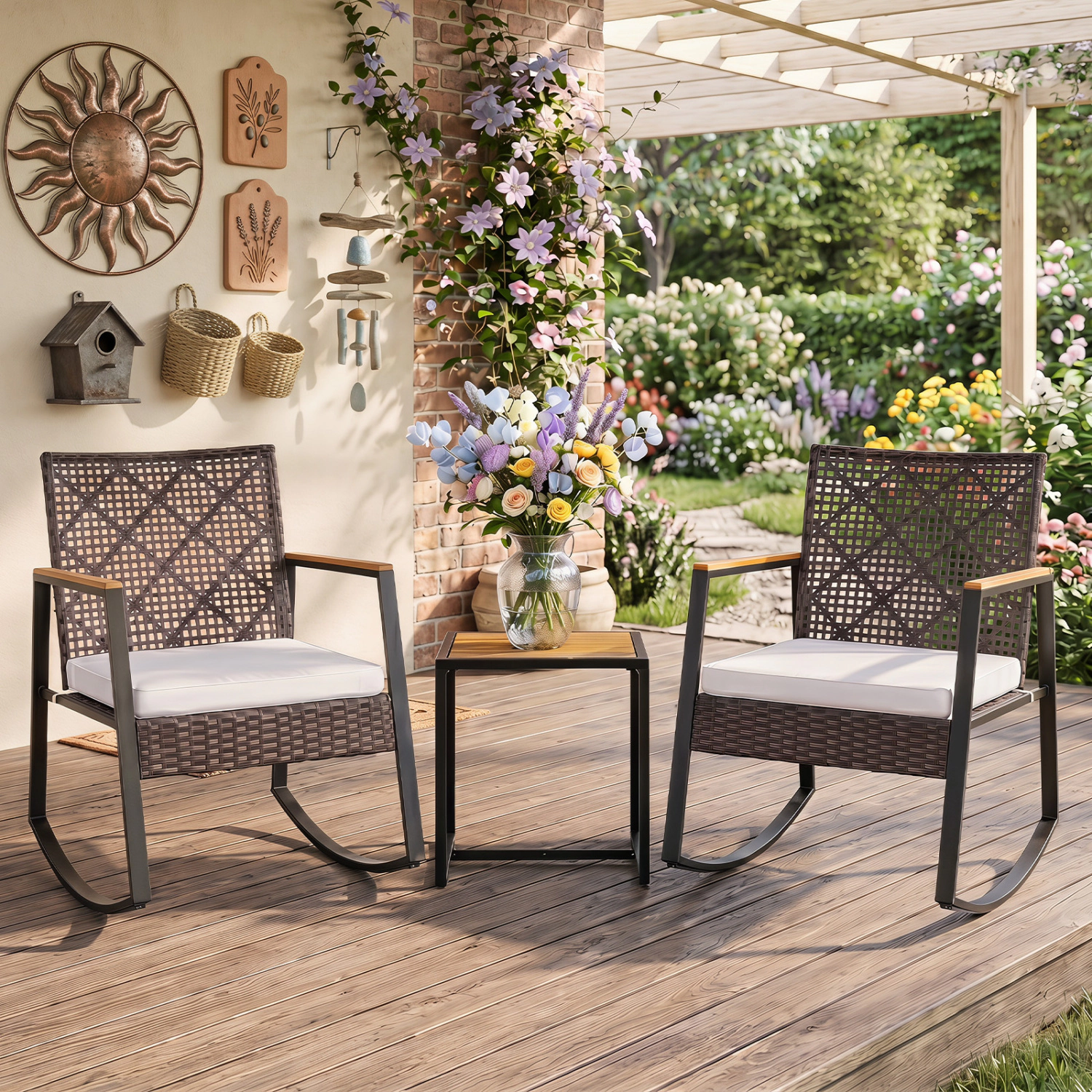 LJG 3-Piece Wicker Rocking Chair Set with Coffee Table and Cushions for Porch