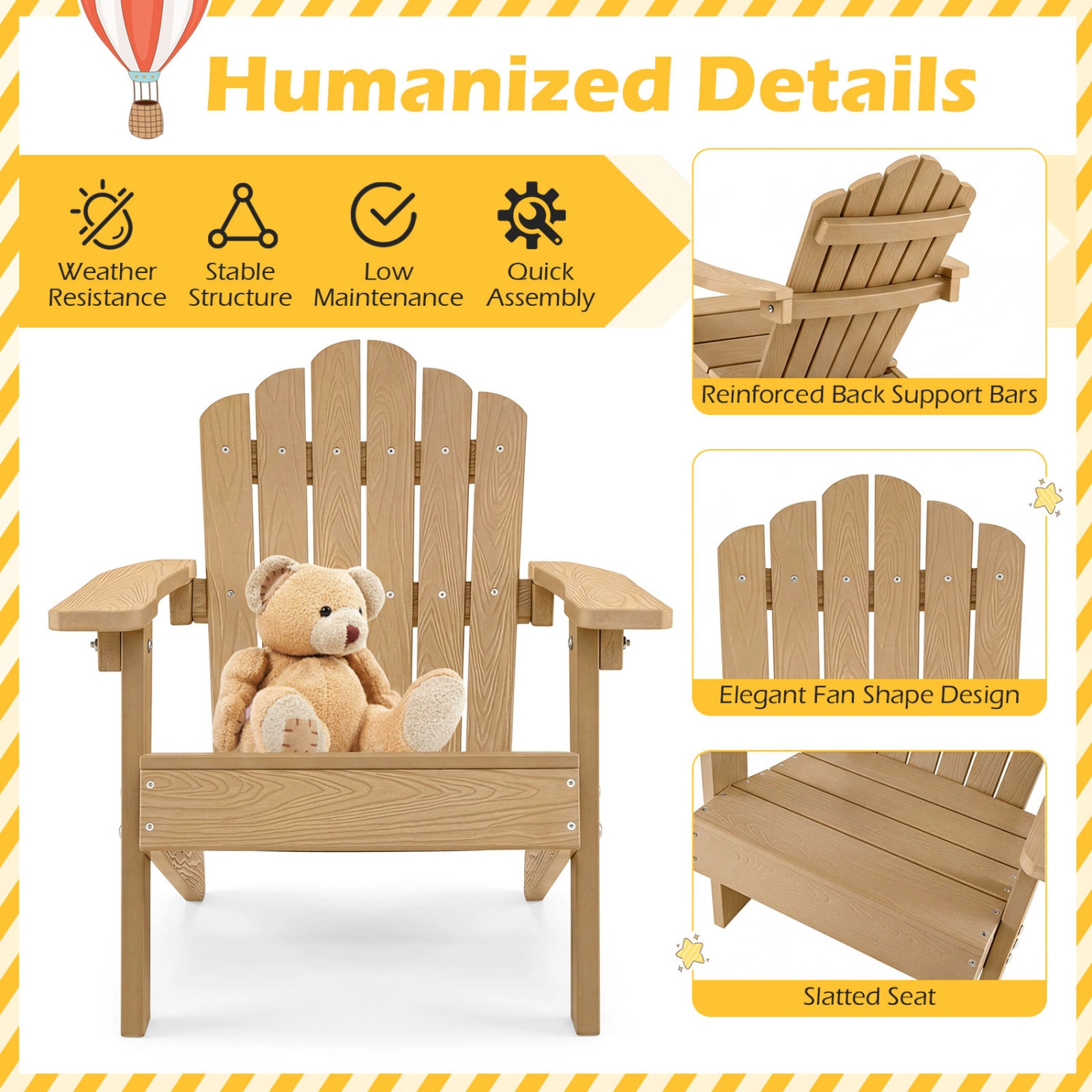 SUGIFT All-Weather HIPS Kids Adirondack Outdoor Chair with Tilted High Backrest 165-lb Capacity Ages 3-7 Brown