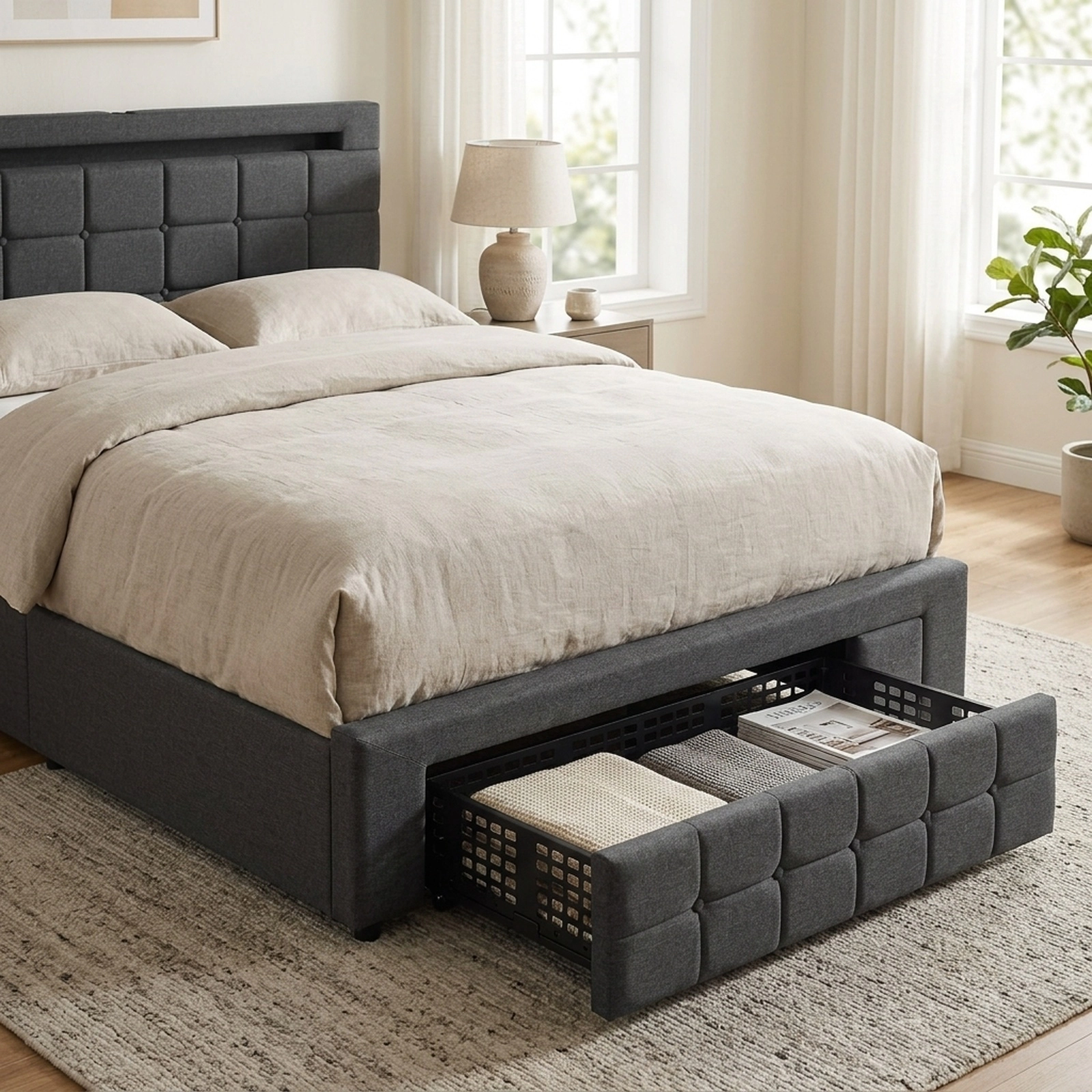 Full Size Upholstered LED Bed Frame with 4 Rolling Drawers Button Tufted Adjustable Headboard Gray