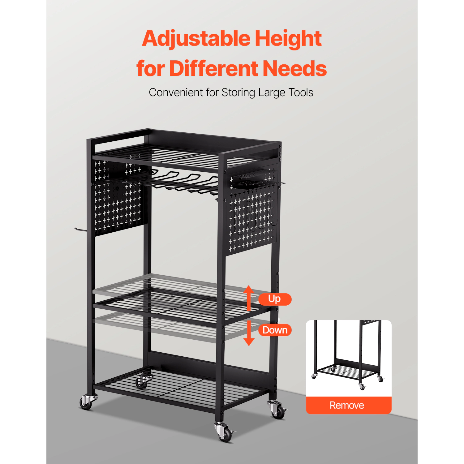 HONGGE 4-Tier Tool Organizer Cart with 10-Slot Drill Holder, 150 lbs Capacity, Rolling Steel Rack, Black