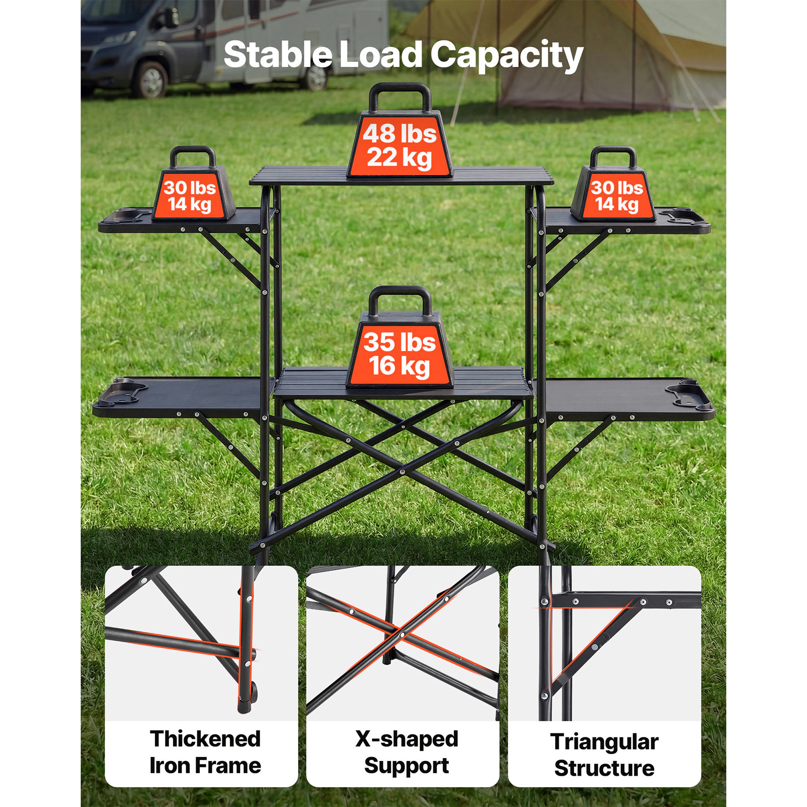 HONGGE Folding Camping Kitchen Table with Heat-Resistant Top, Side Table & Storage Shelf