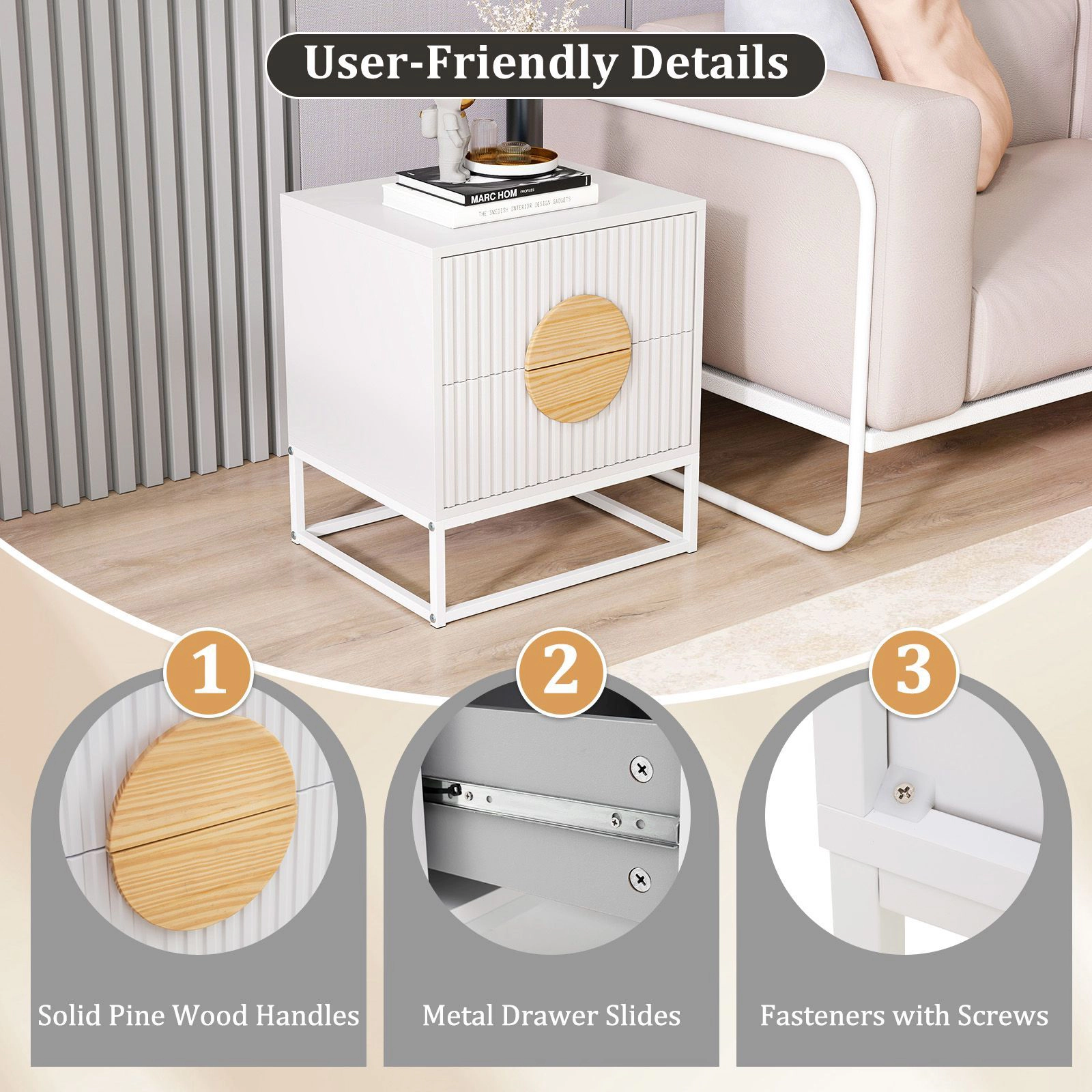 SlickBlue Fluted 2-Drawer End Table with Metal Frame