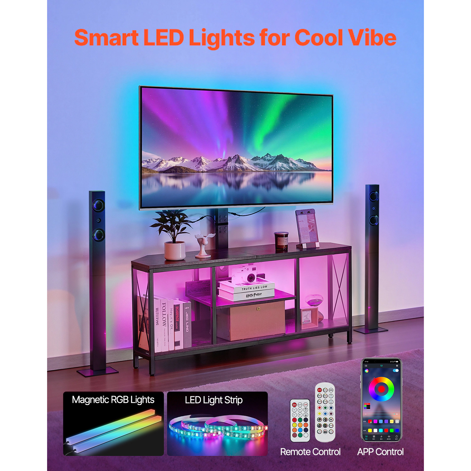 HONGGE TV Stand with Mount for up to 75 in TVs Entertainment Center with Power Outlet & LED Lights Height Adjustable TV
