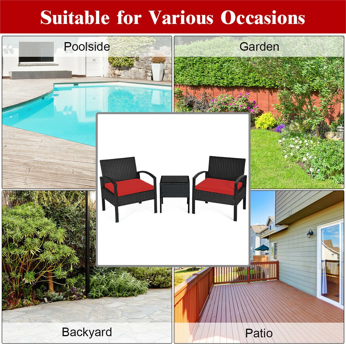SUGIFT Red Seat Cushions and Side Table 3-Piece Outdoor Rattan Conversation Set