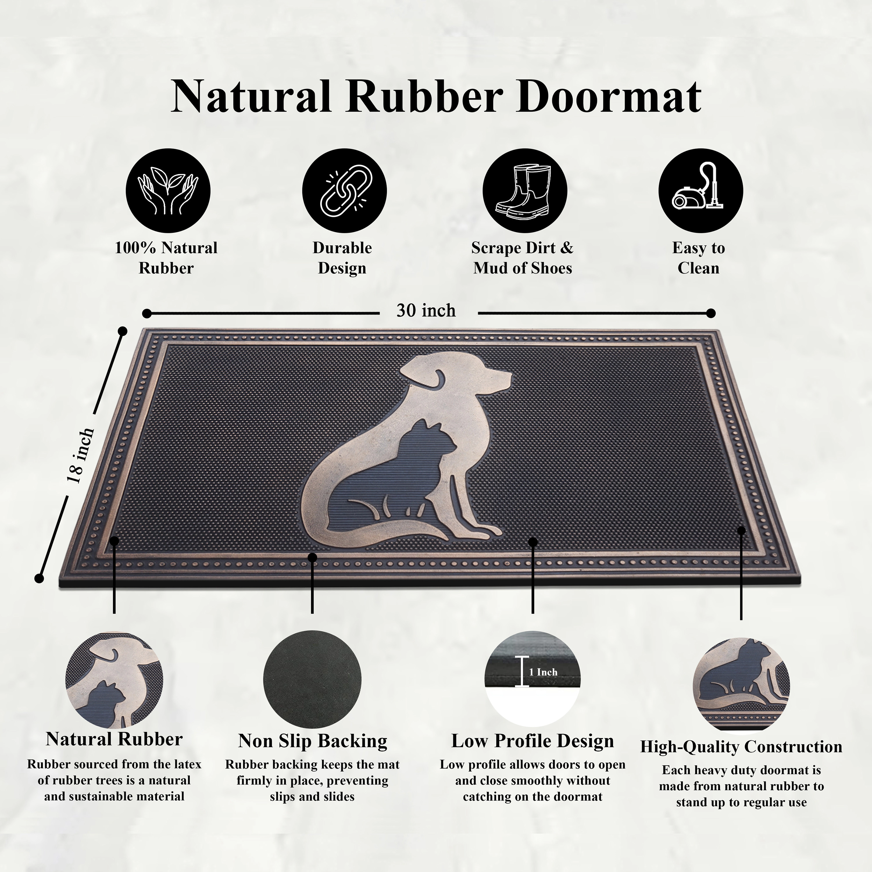A1 Home Collections Dog and Cat Bronze Rubber Welcome Doormat Non-Slip Indoor Outdoor Entry Mat 18 x 30 In