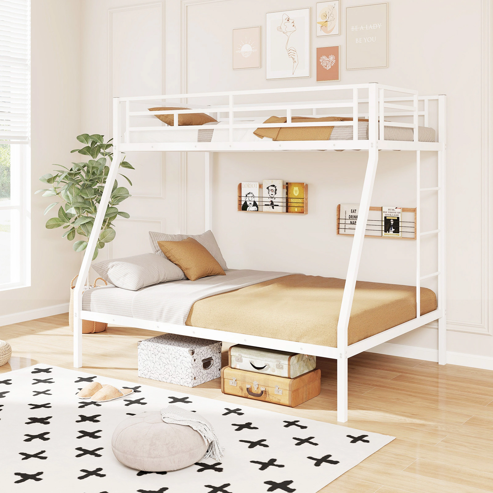 SUGIFT Space-Saving Metal Slatted Bunk Bed Frame 440/660-lb Capacity White