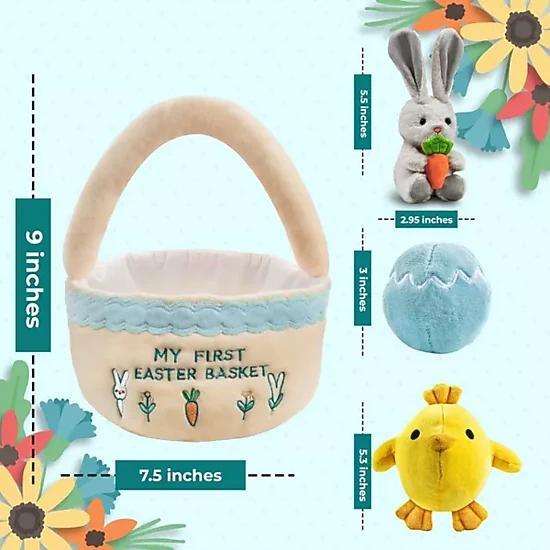 Sperric Easter Baby Plush Playset w/ Easter Basket, Bunny Holding Carrot, Easter Egg, & Squeaky Chicken - Sensory Toys