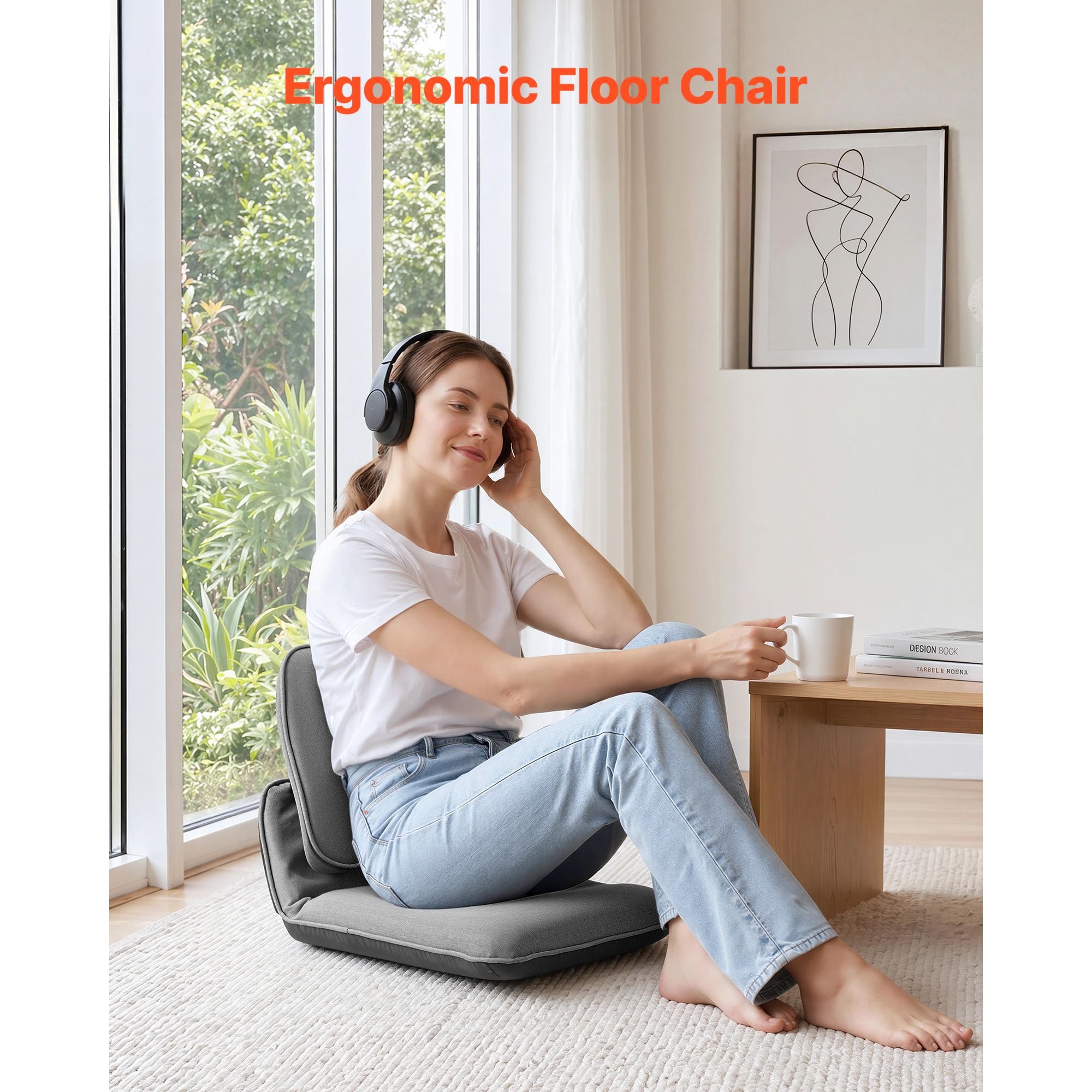 HONGGE Floor Chair 5 Adjustable Positions Folding Floor Gaming Chair with Ergonomic Back Support Sturdy Metal Frame