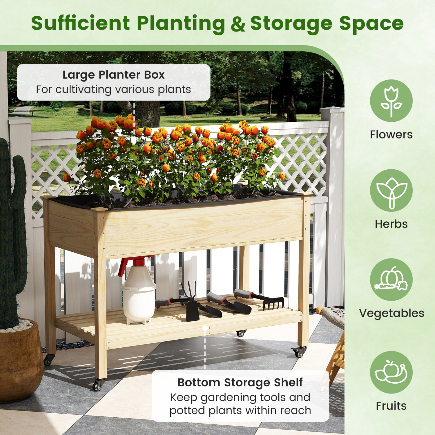 SlickBlue Unisex Rolling Wooden Raised Garden Bed Planter Box