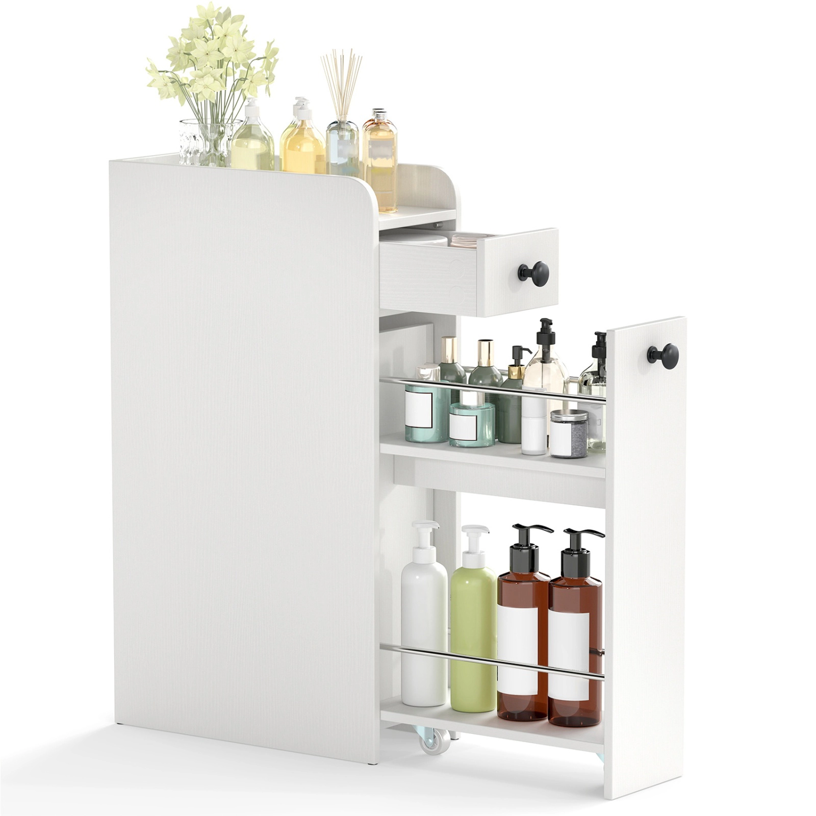 SUGIFT 4-Tier Slide Out Drawers Casters Narrow Bathroom Storage Cabinet 16-in x 7-in x 27.5-in 66-lb Capacity White