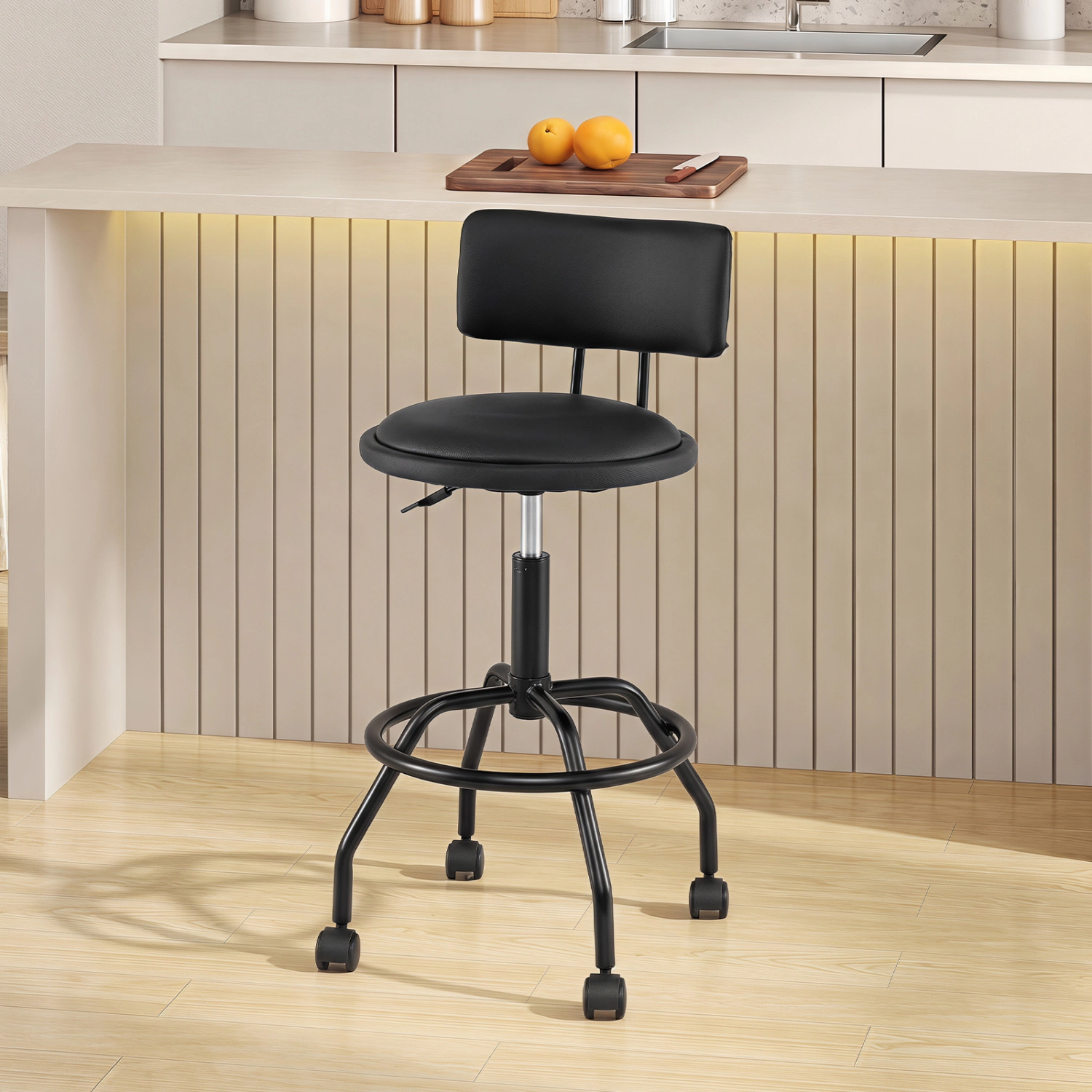 Glintex Adjustable Swivel Bar Stool with Backrest and 4 Universal Wheels, Black
