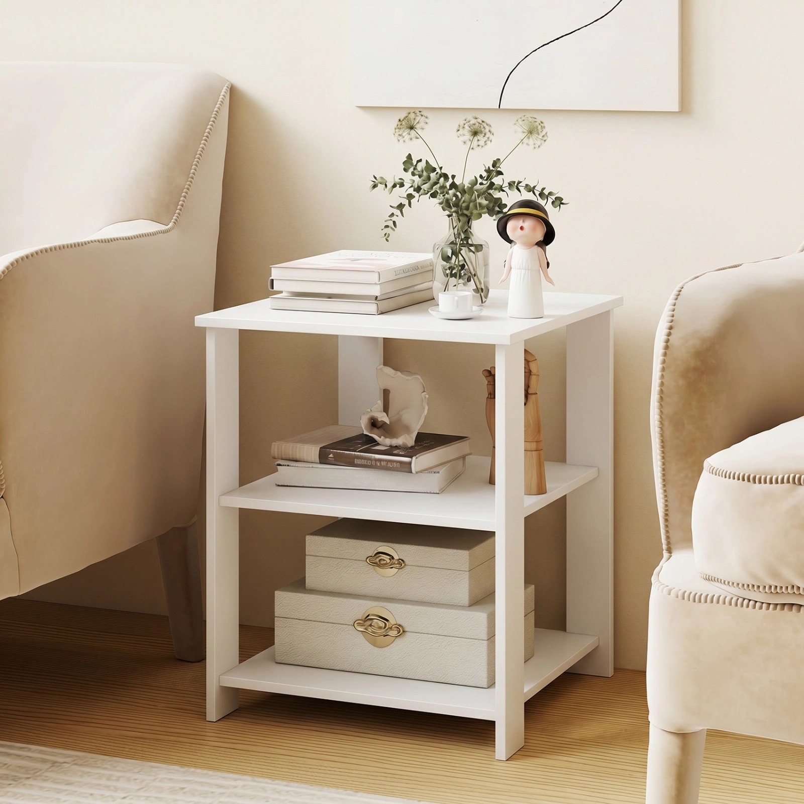 SUGIFT 3-Tier Modern Nightstand Square Side Table with Open Storage Shelves 66-lb Capacity White
