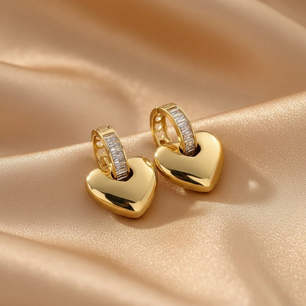 DressAtR Women's Heart Zircon Gold Tone Drop Earrings