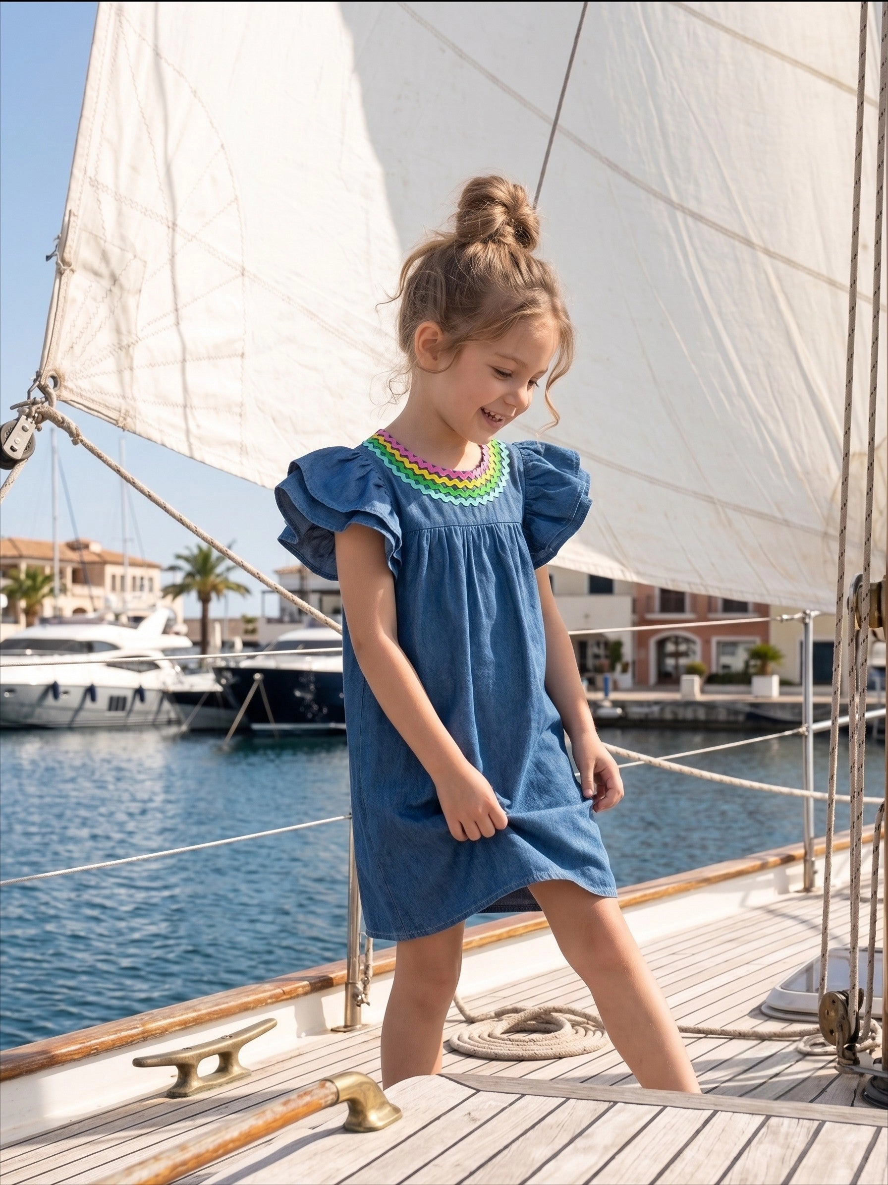 2Bunnies Girls 4T-8Y Rainbow Ric Rac Denim Flutter Sleeve Dress