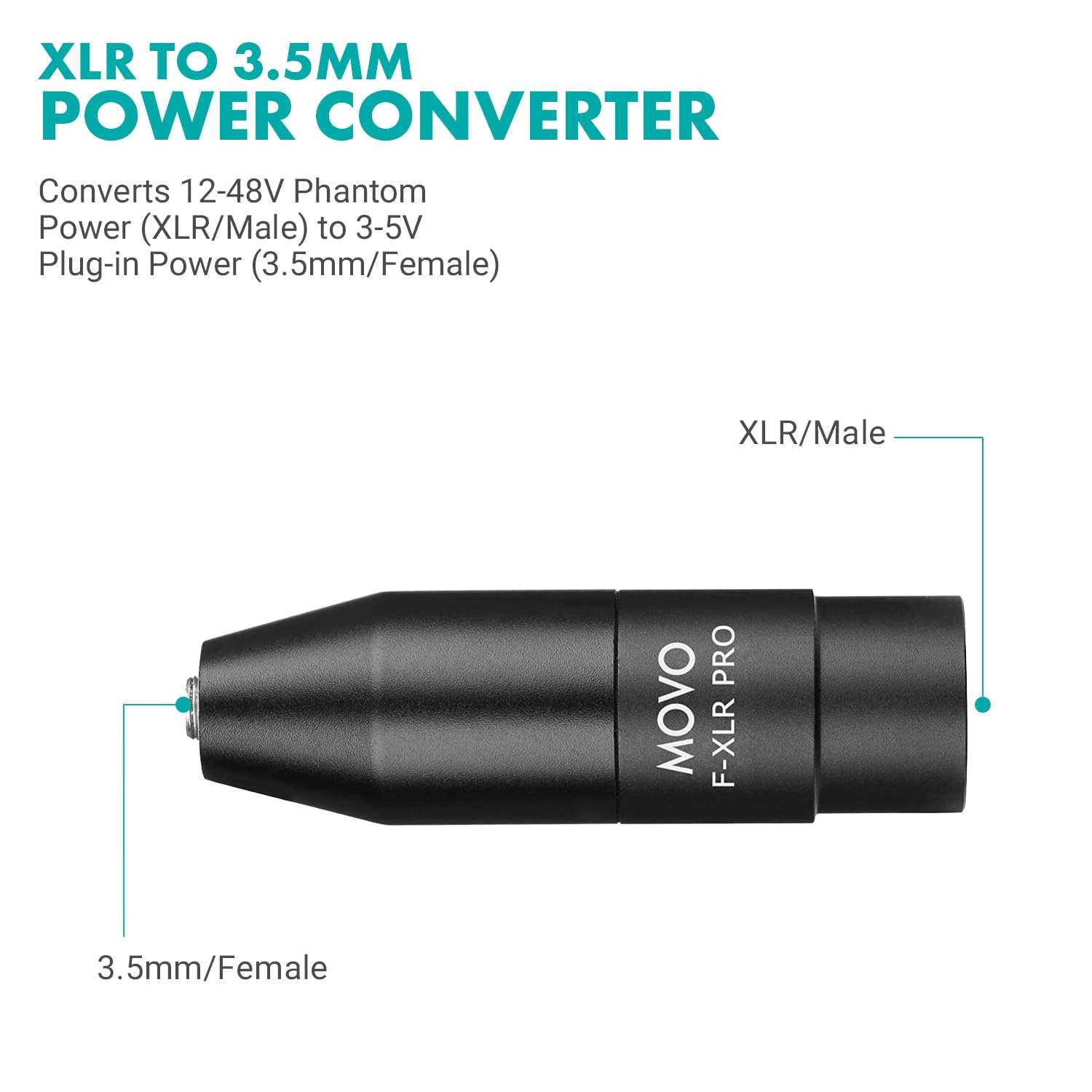 Movo FXLR-PRO 3.5mm (TRS) Mini-Jack Female Microphone Adapter to 3-pin XLR Male Connector with Integrated Phantom Power