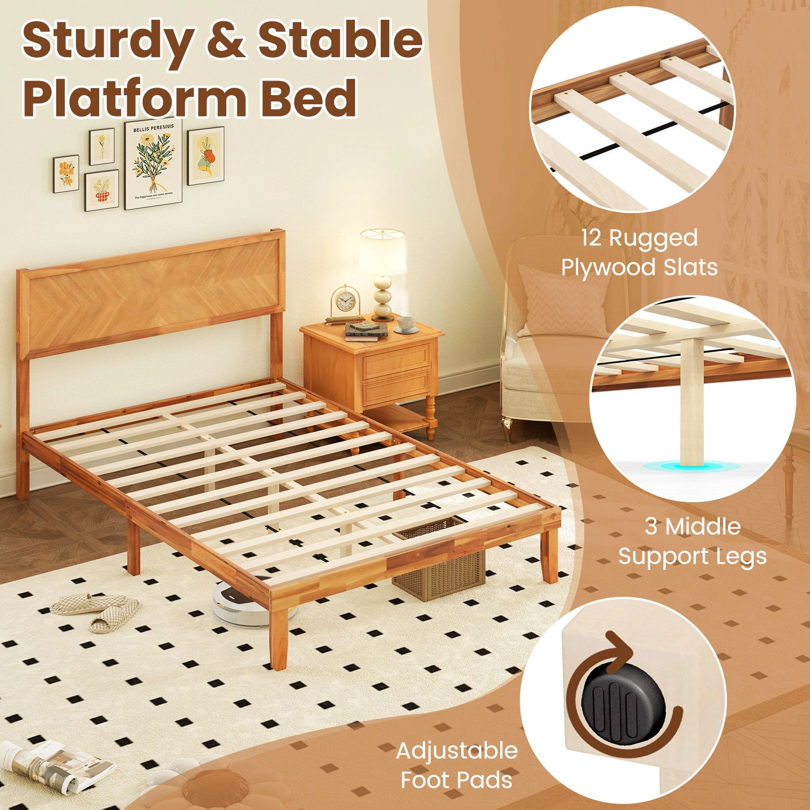SlickBlue Wooden Platform Bed Frame with Headboard and Slats