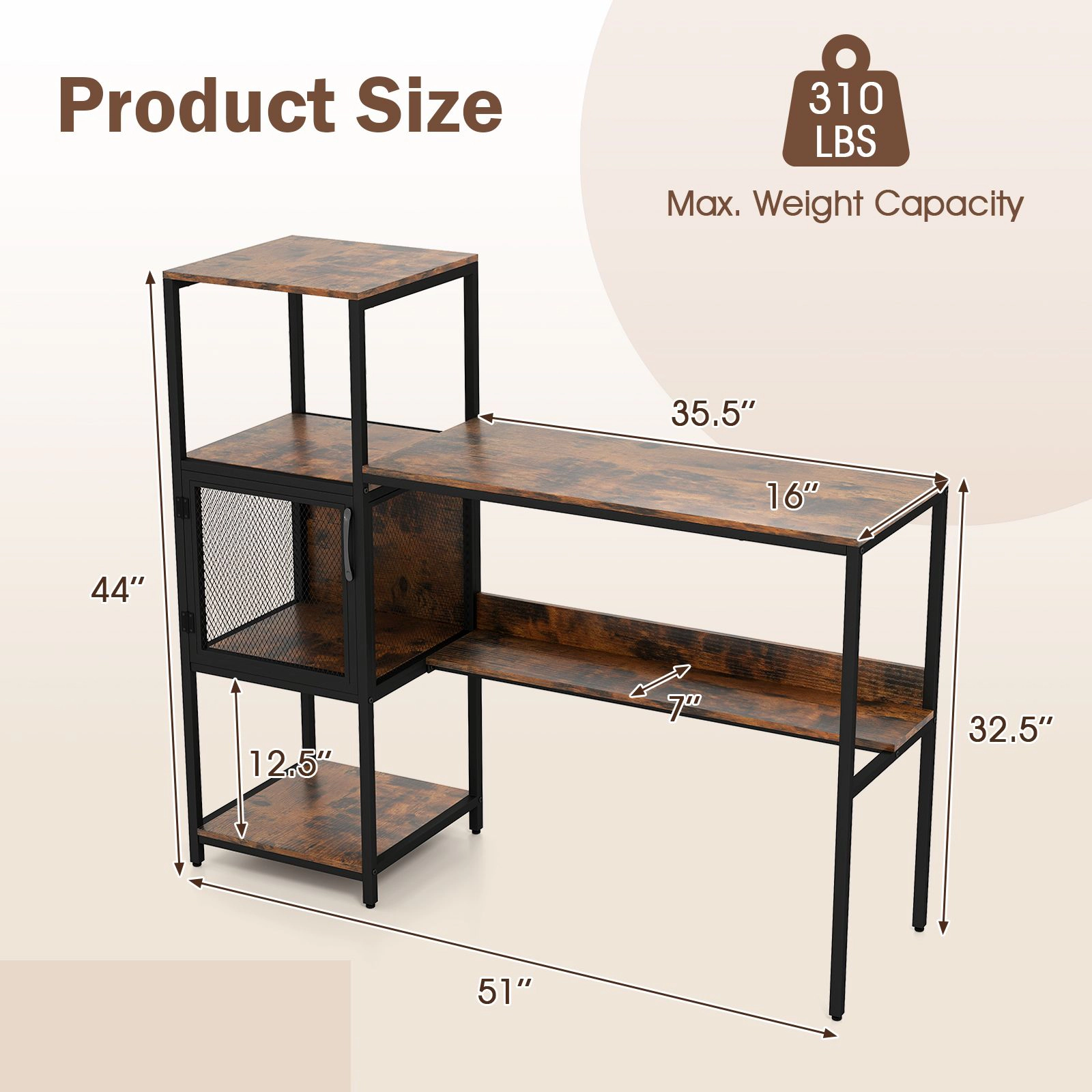SlickBlue 51 Inch Home Office Desk with Shelves and Cabinet