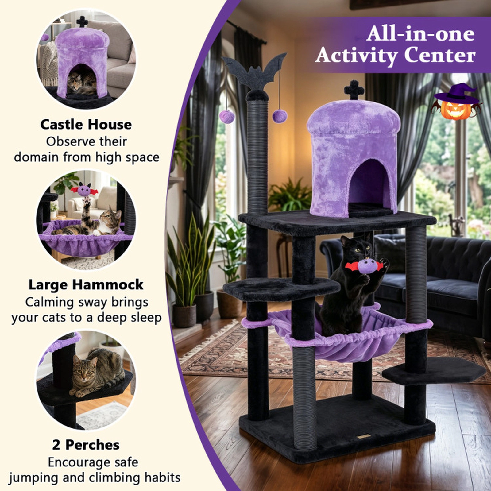 SUGIFT 51-in Gothic Multi-level Cat Tree with Castle Condo Hammock and Spider Toy 22-lb Capacity Purple & Black