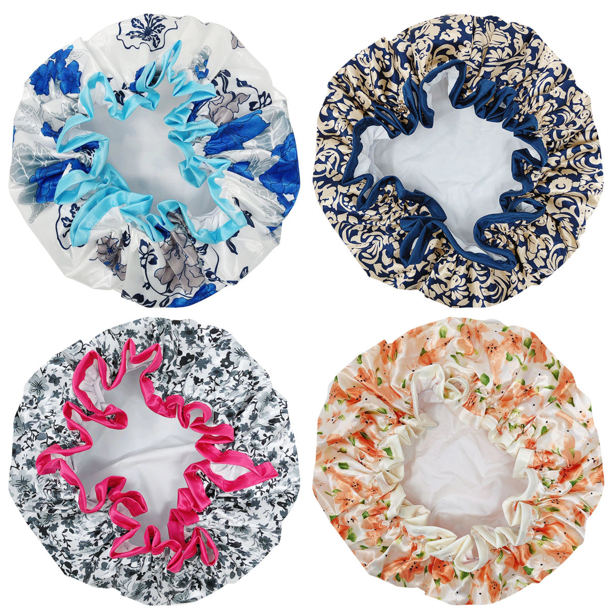 Wrapables Women's Stylish Double Layer Waterproof Shower Caps (Set of 4), Majestic Floral
