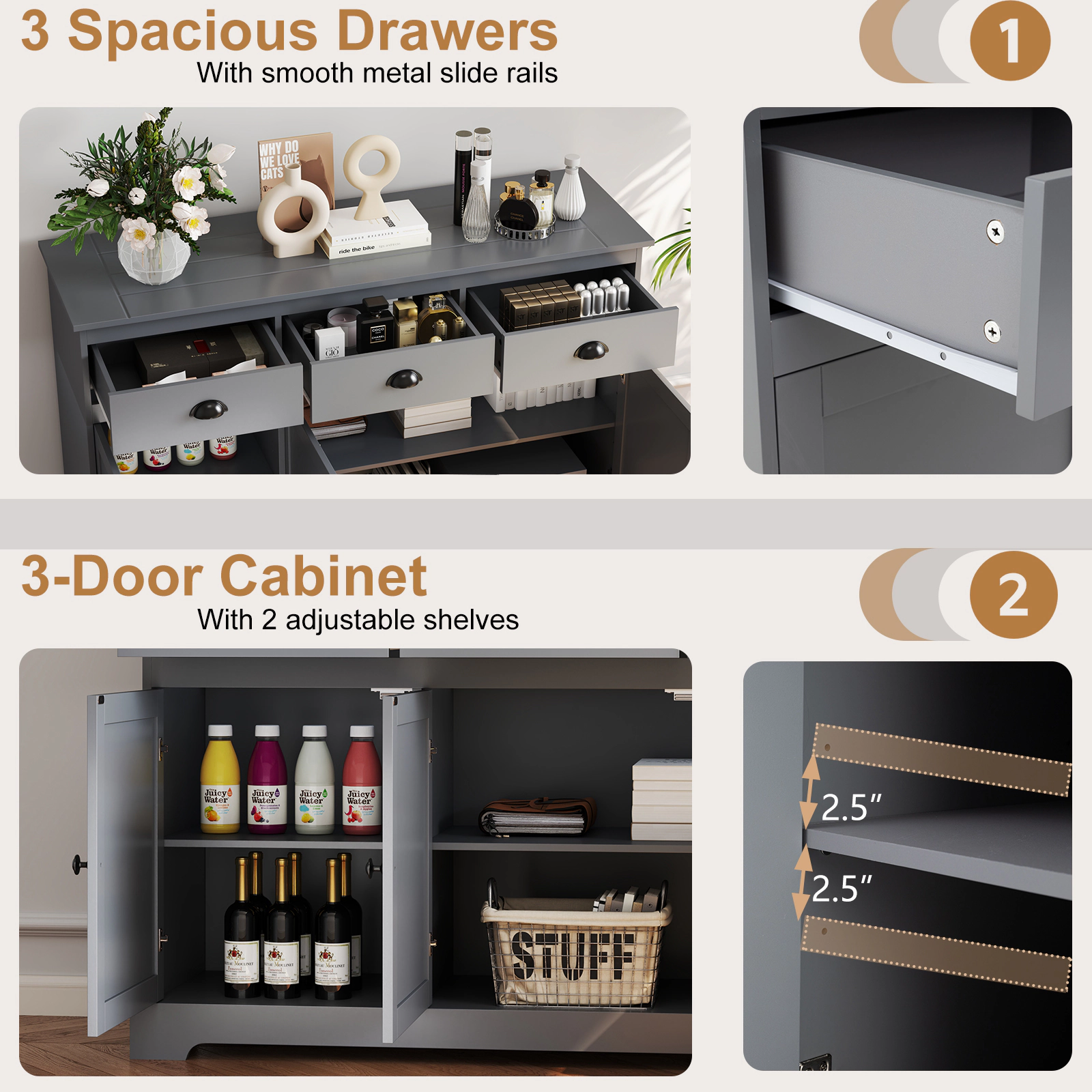 Glintex 53.5-Inch Sideboard with 3 Drawers and Adjustable Shelves