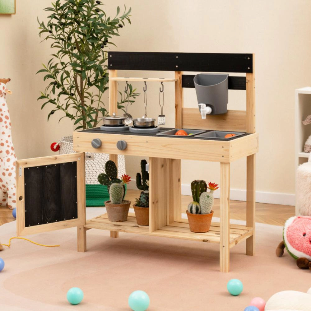 Hivvago Mud Kitchen Playset Kids Play Kitchen Outdoor with 2 Removable Sinks-Natural