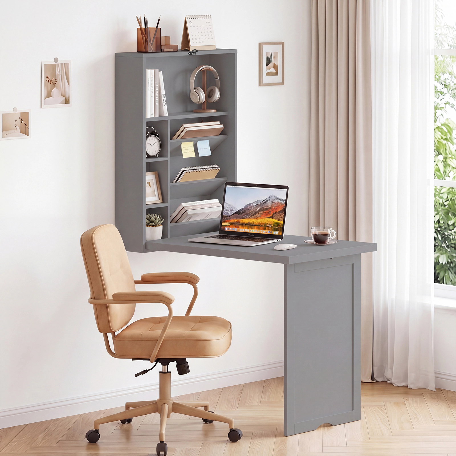 Costway Wall Mounted Computer Convertible Desk Floating w/ Storage Bookcases White