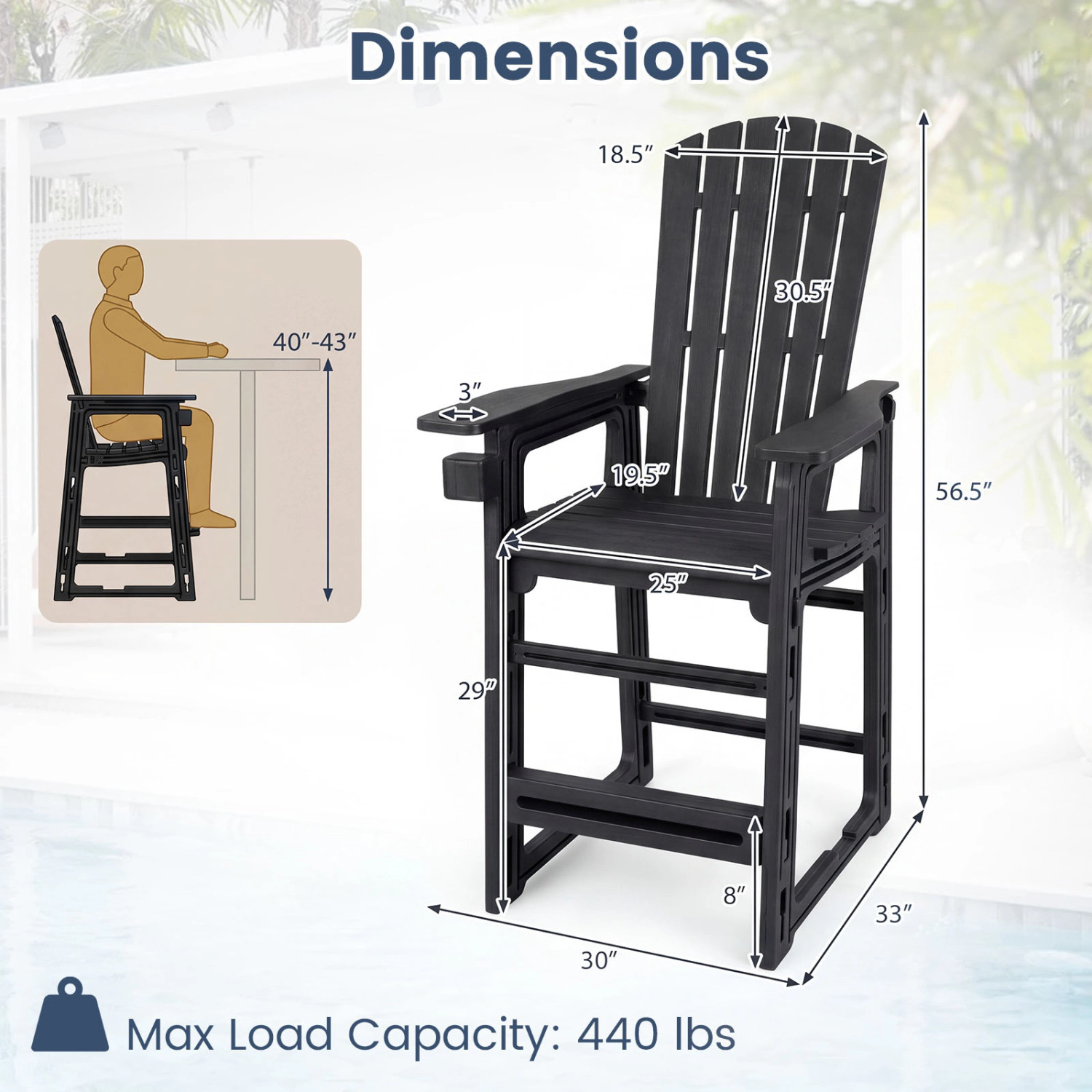 LJG Outdoor 29 Inch Height Bar Stool with Backrest and Armrests