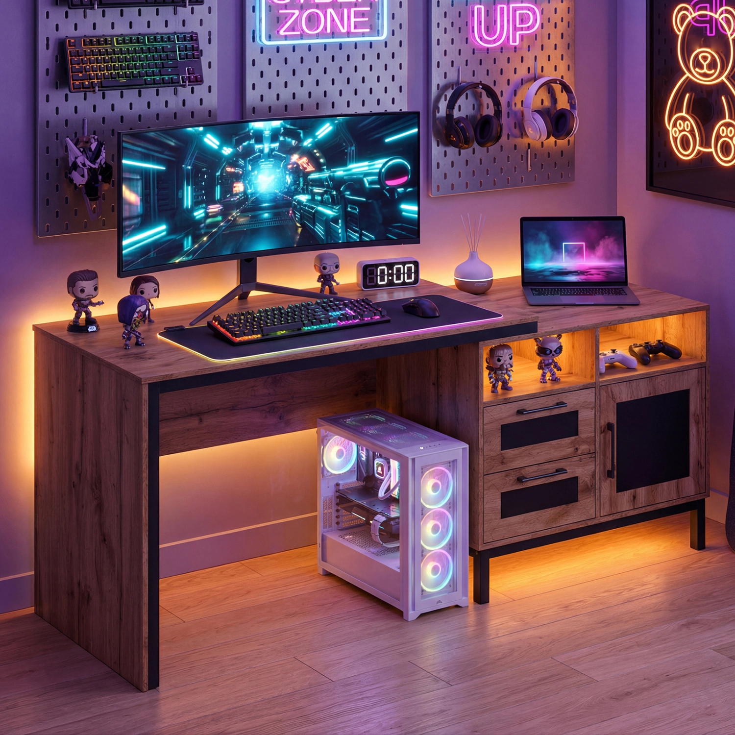 LJG 71-Inch Computer Table with Open Compartments and Drawers