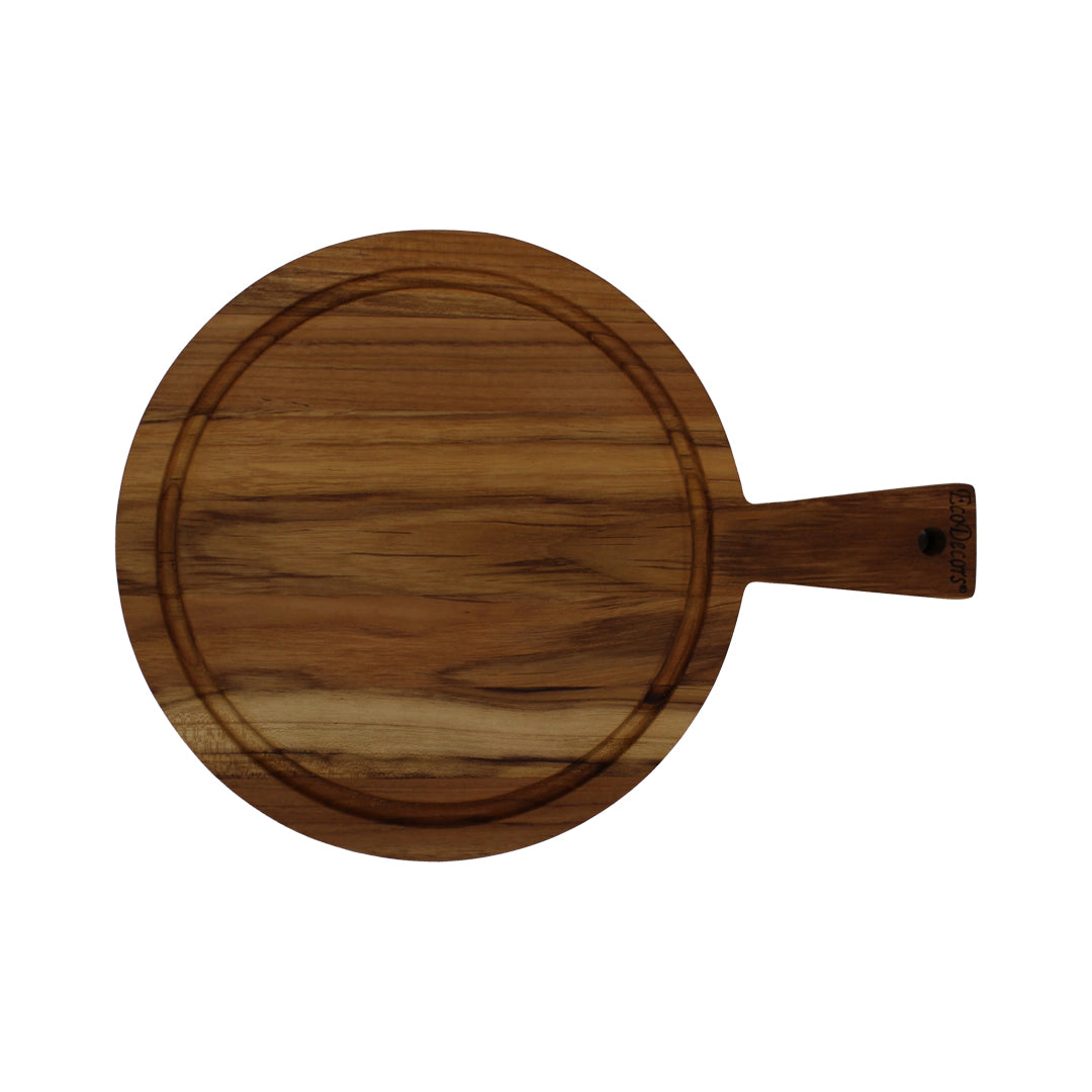 EcoDecors 14" Round Teak Cutting Board with Handle and Juice Groove