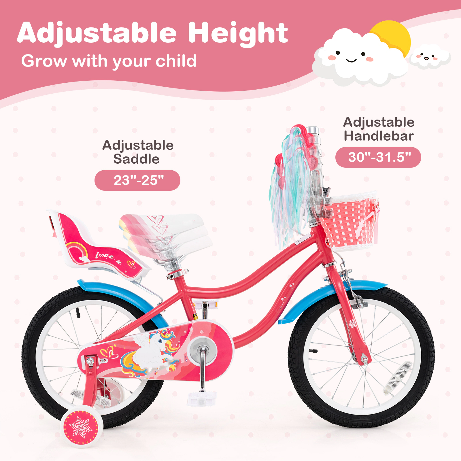 SUGIFT 12-in Pink Girls Bike with Rear Doll Seat Front Basket Training Wheels and Chain Guard