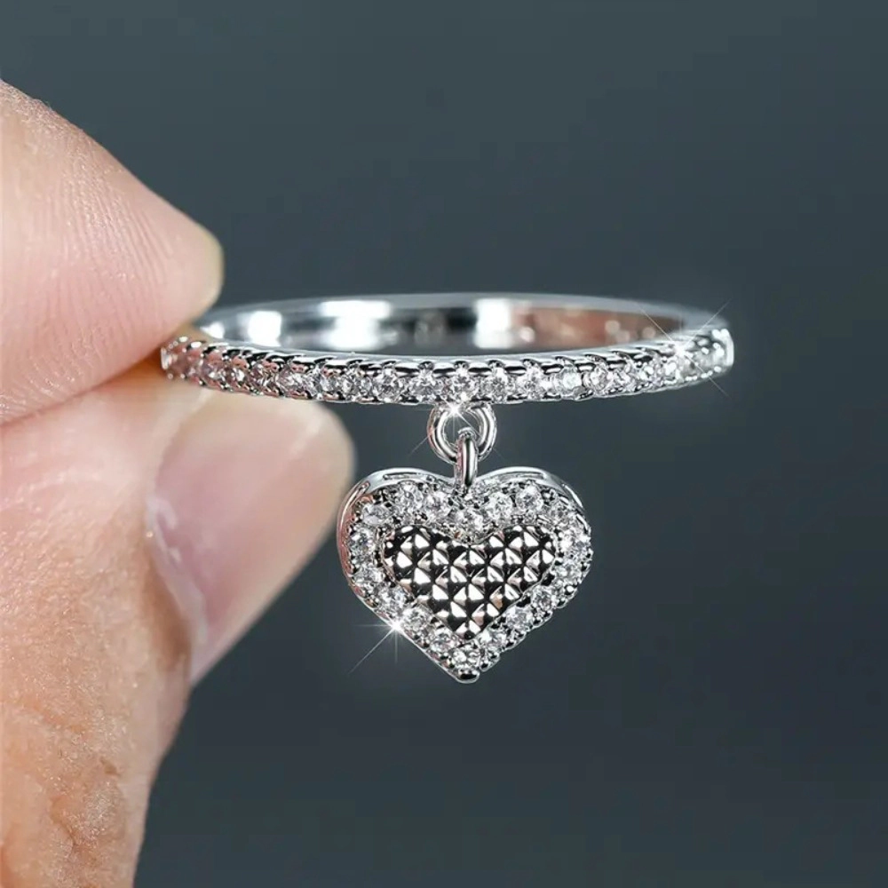 Dangling Heart Half-Pave Cubic Zirconia Band Statement Ring for Women
